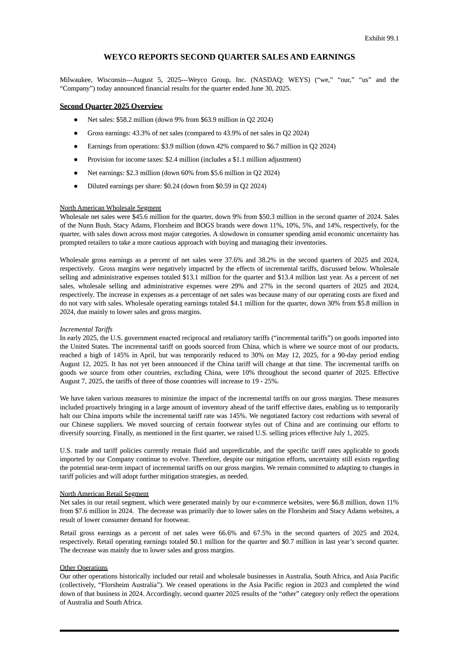 Weyco Group's Q2 2025 Press Release