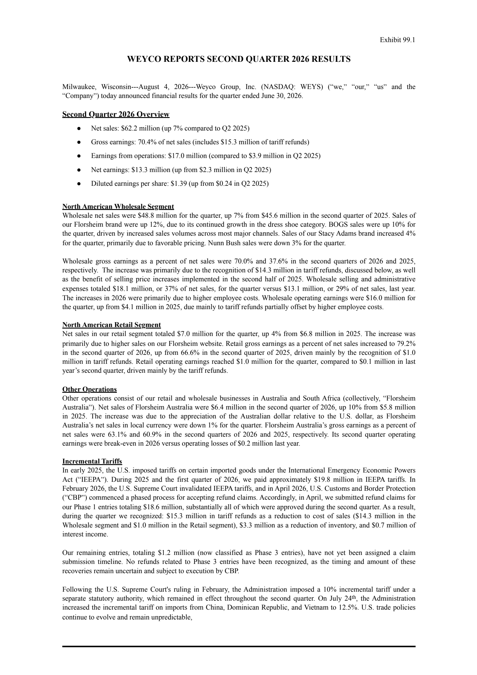 Weyco Group's Q2 2026 Press Release