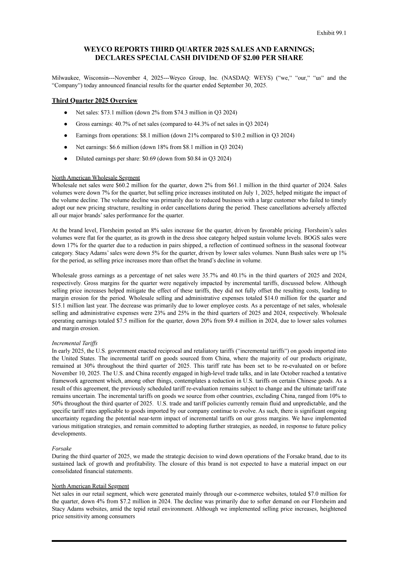 Weyco Group's Q3 2025 Earnings Release