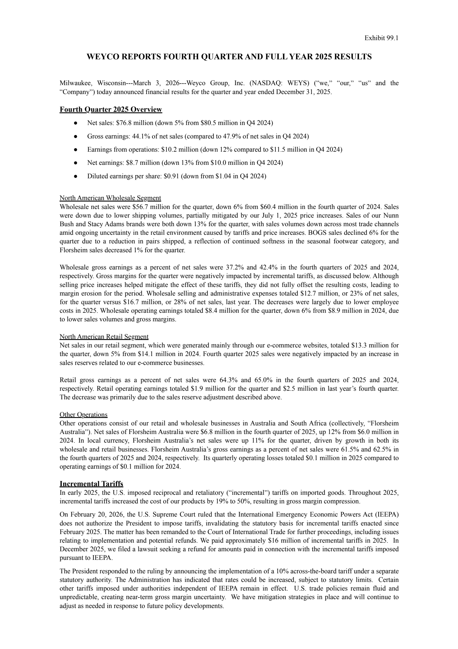 Weyco Group's Q4 2025 Press Release