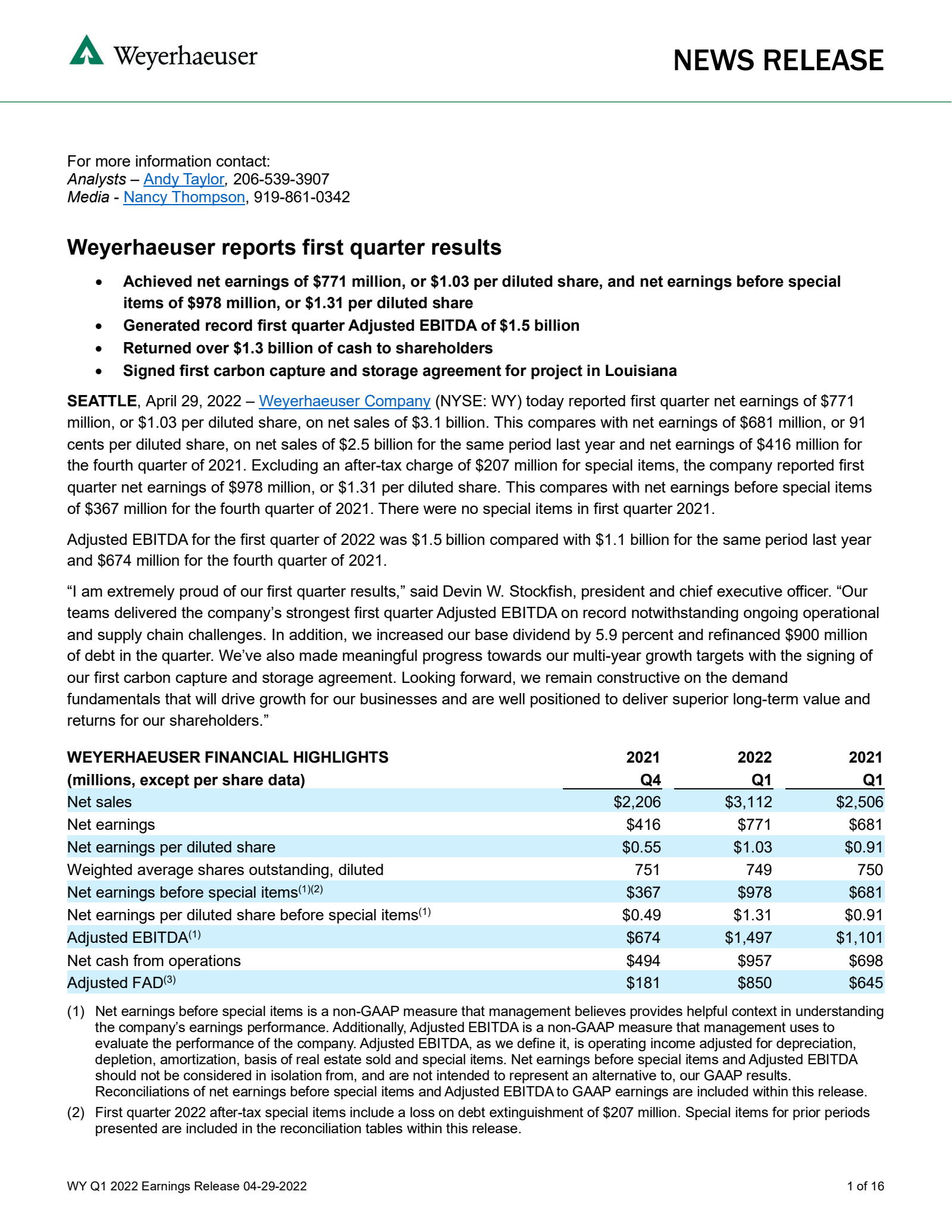 Weyerhaeuser's Q1 2022 Earnings Release
