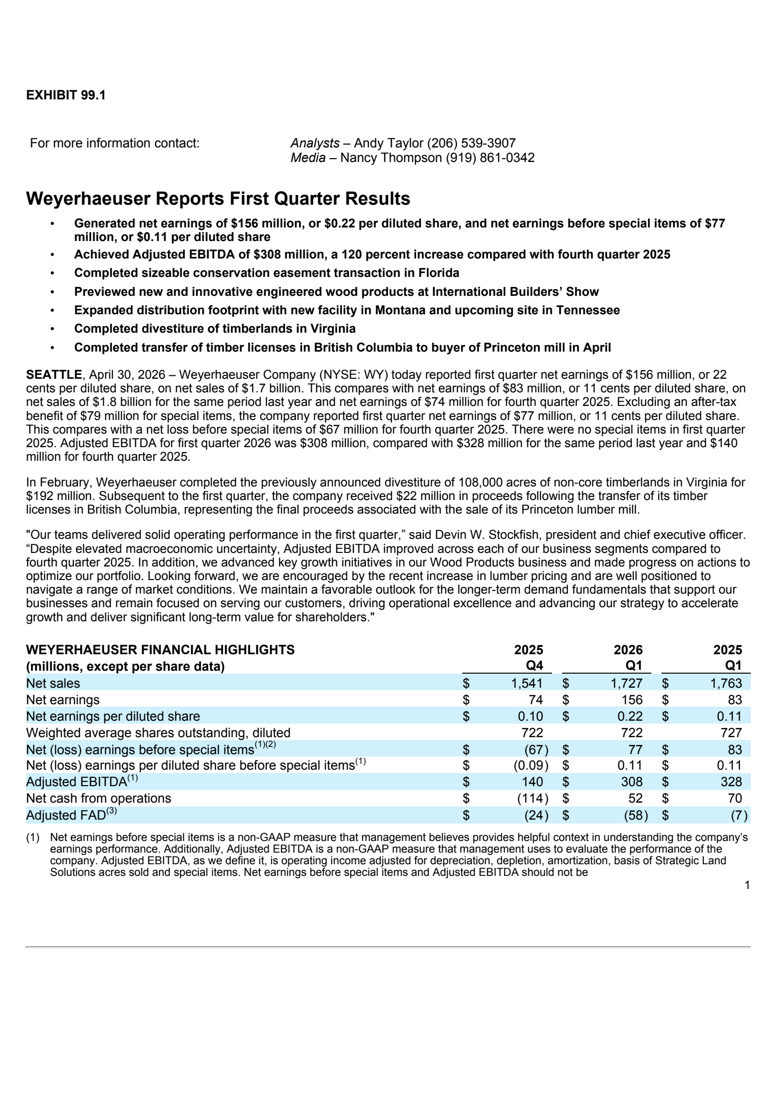 Weyerhaeuser's Q1 2026 Press Release
