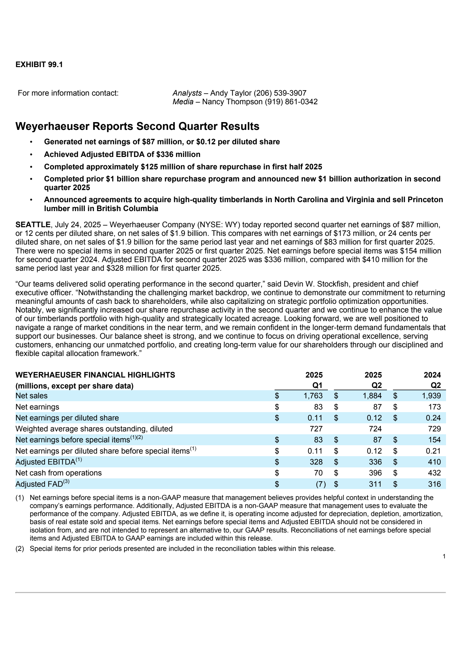 Weyerhaeuser's Q2 2025 Press Release