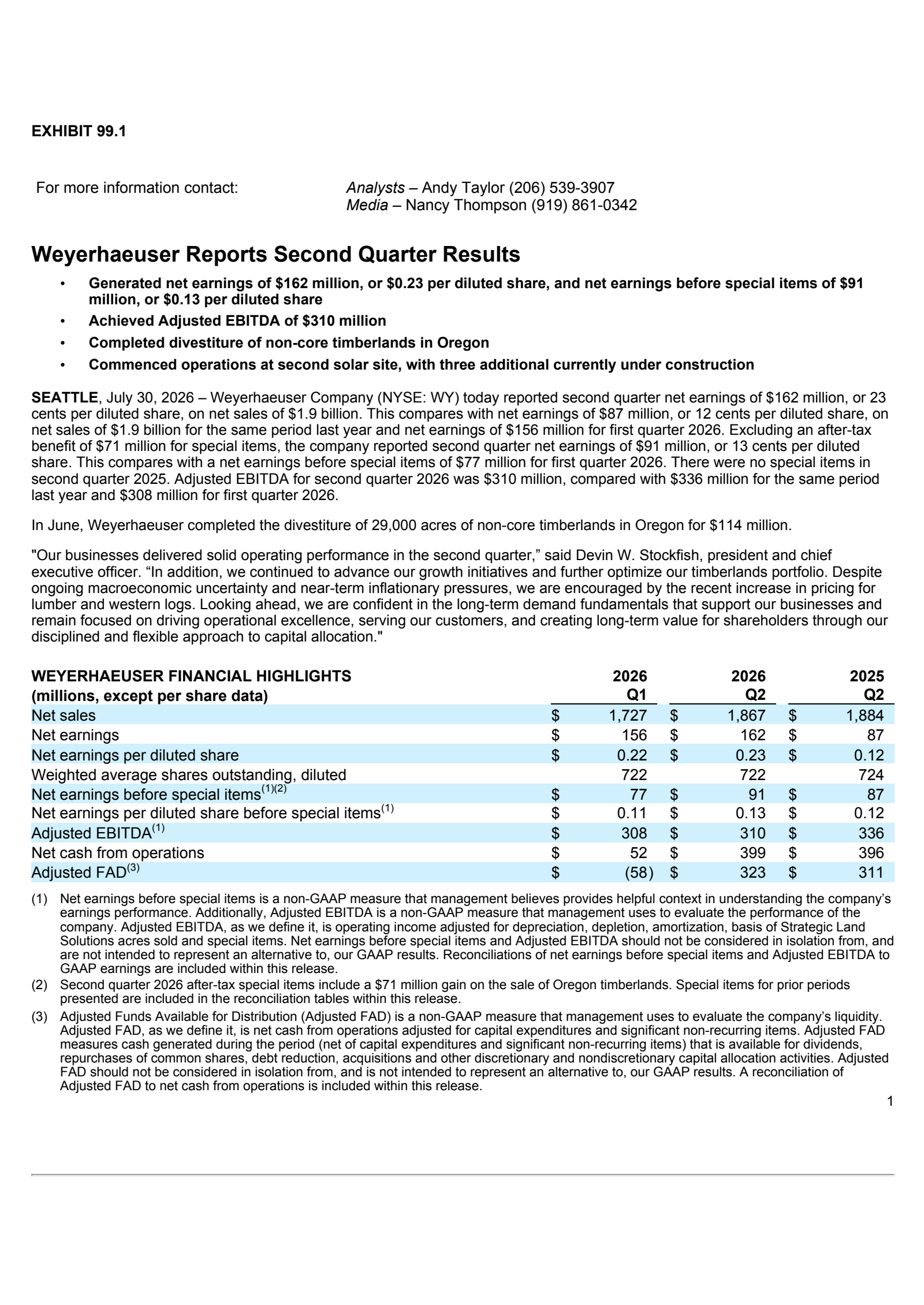Weyerhaeuser's Q2 2026 Press Release