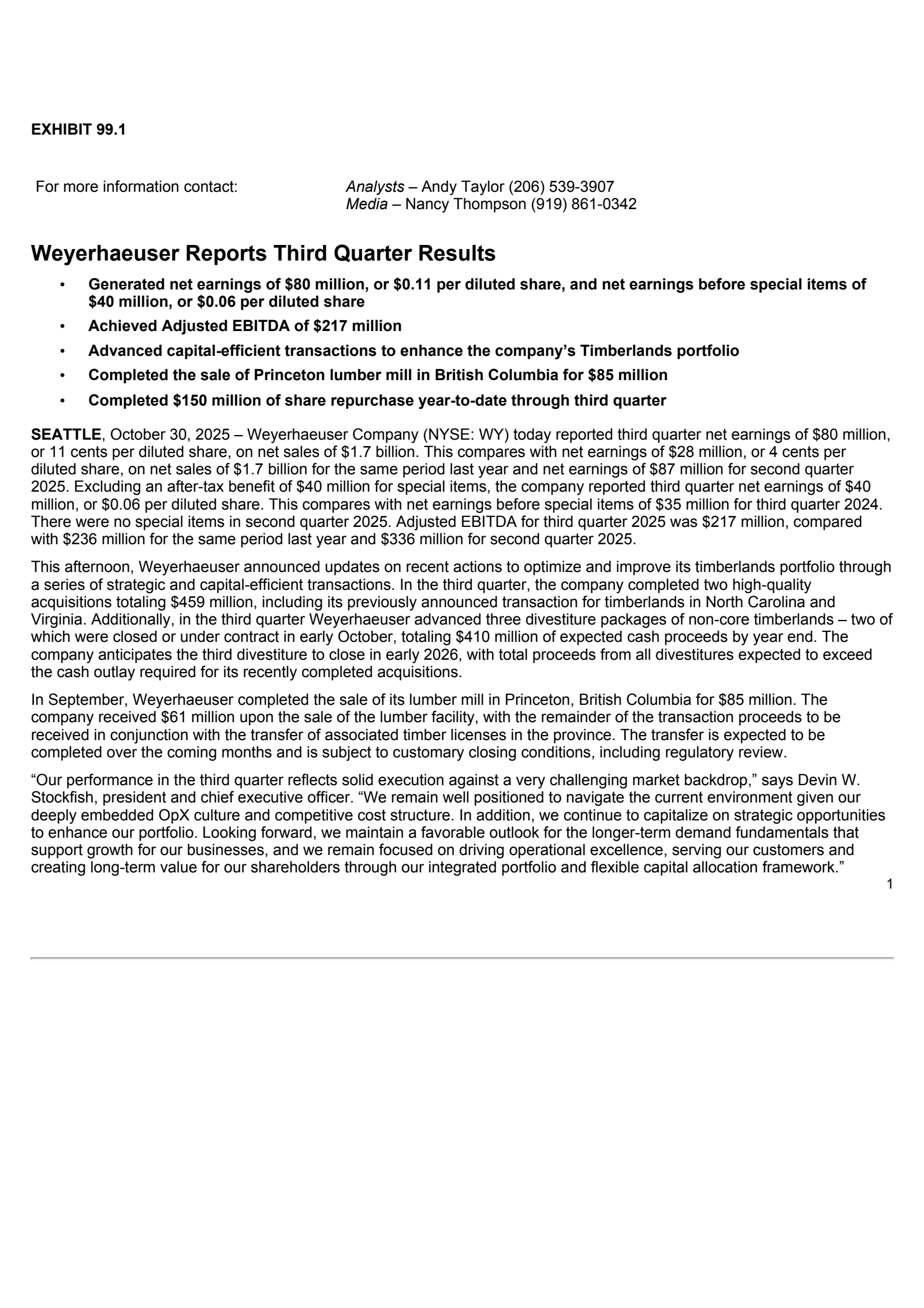 Weyerhaeuser's Q3 2025 Earnings Release