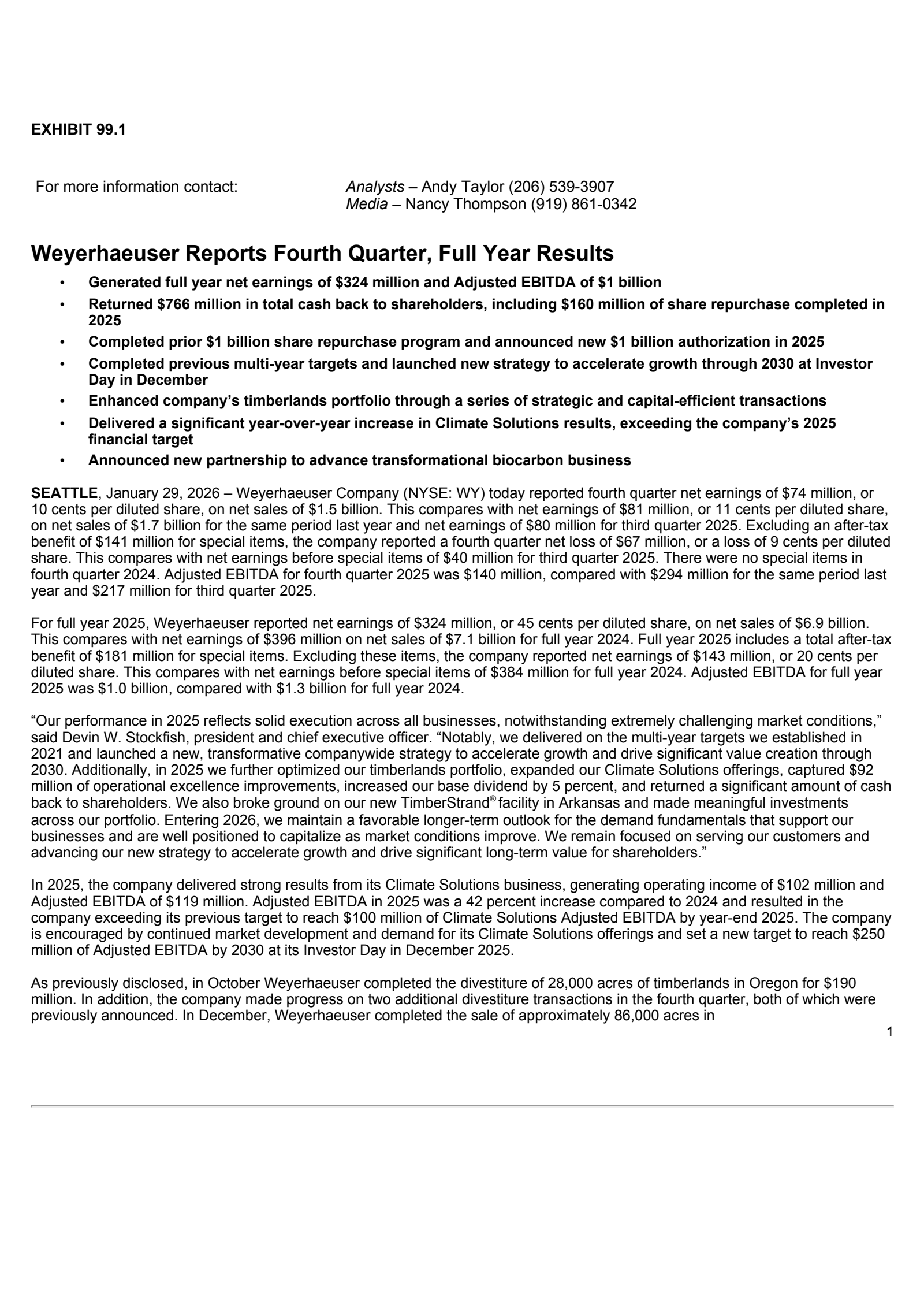 Weyerhaeuser's Q4 2025 Press Release