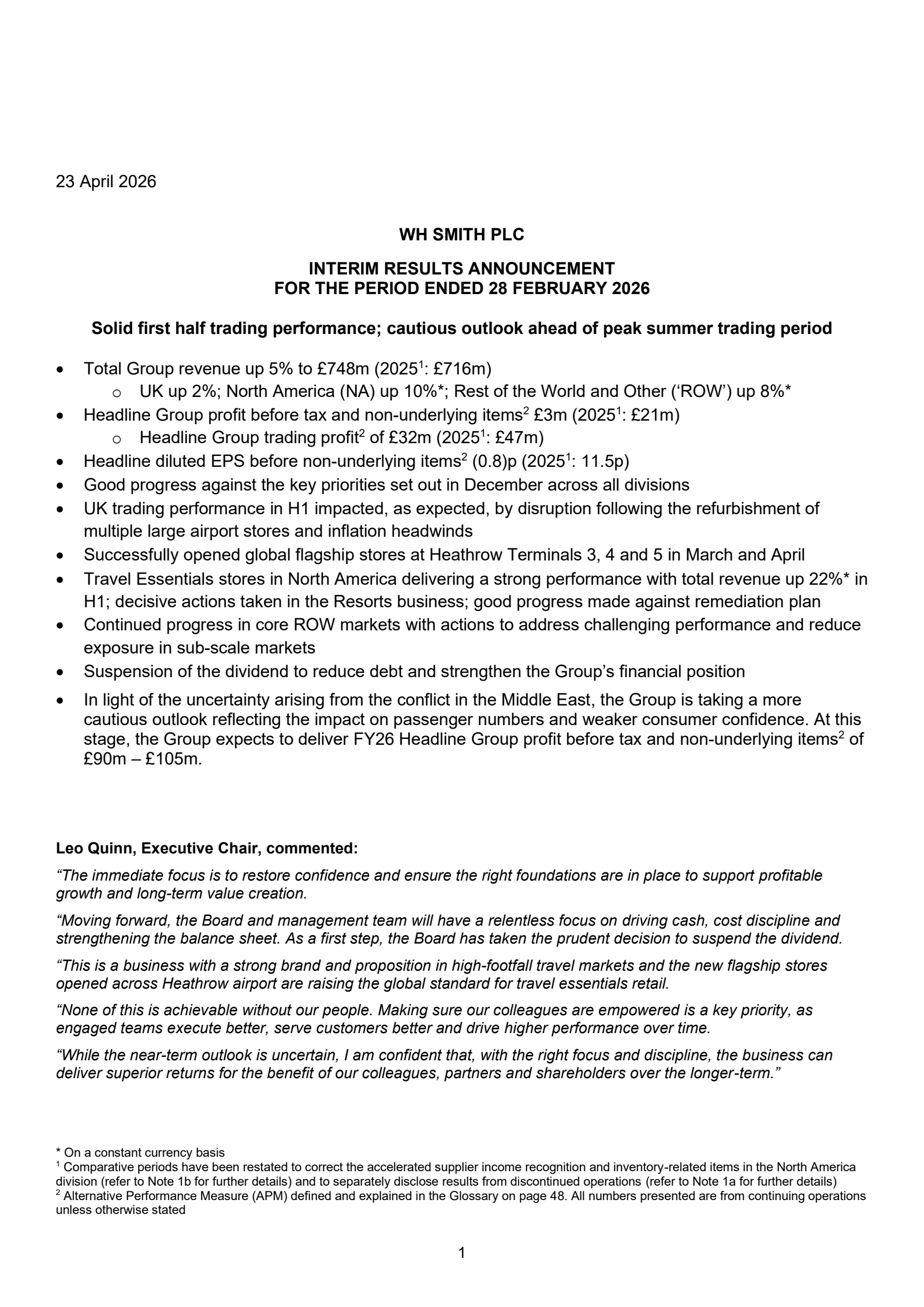 WH Smith's H1 2026 Interim report