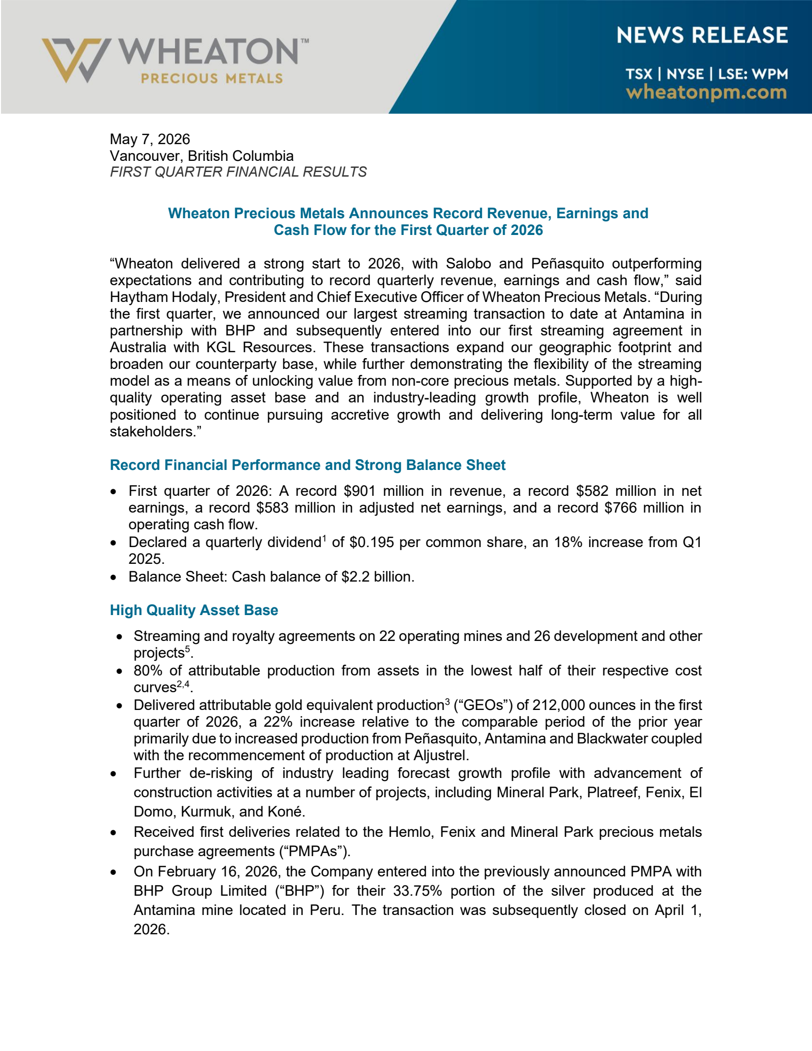 Wheaton Precious Metals' Q1 2026 Press Release