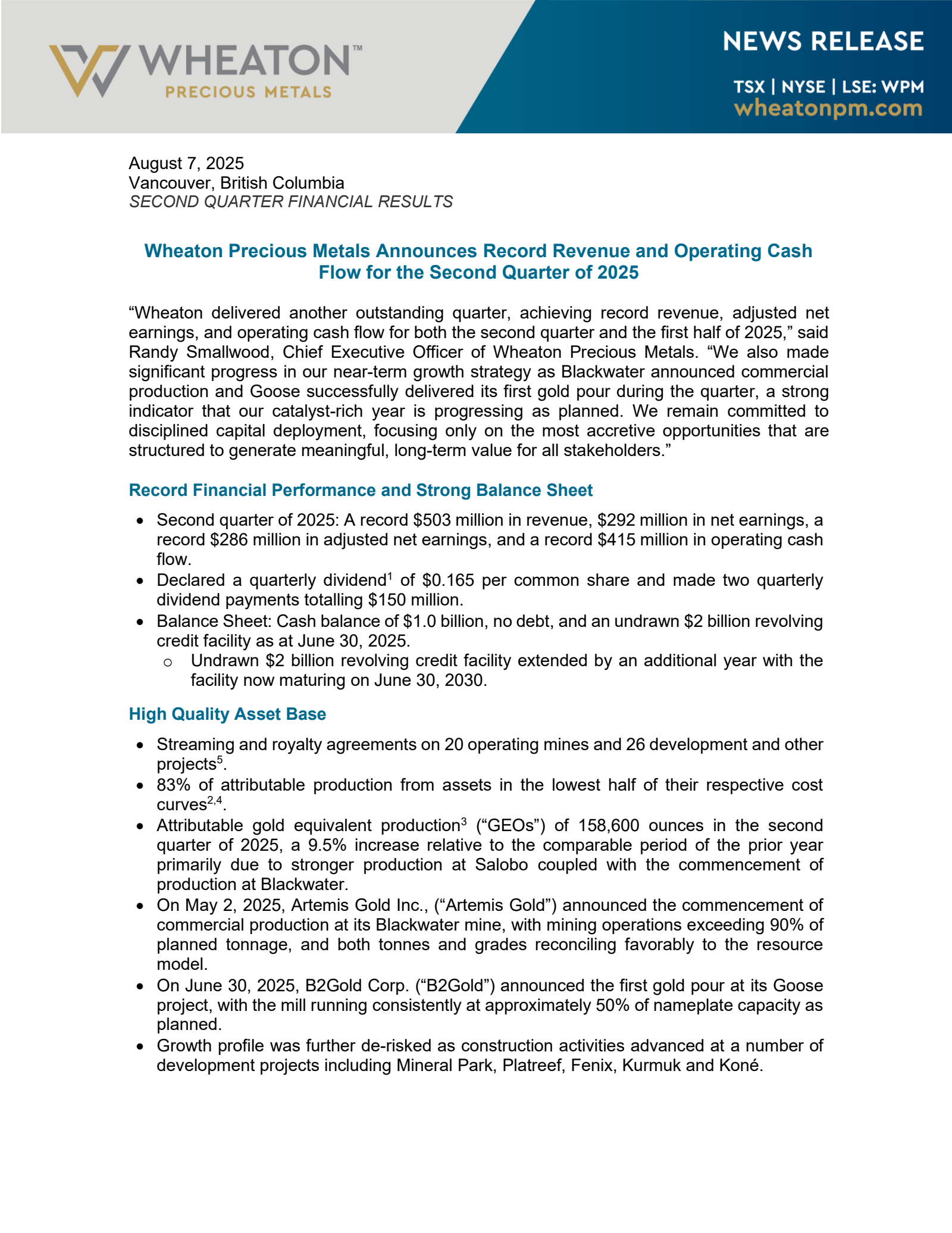 Wheaton Precious Metals' Q2 2025 Press Release