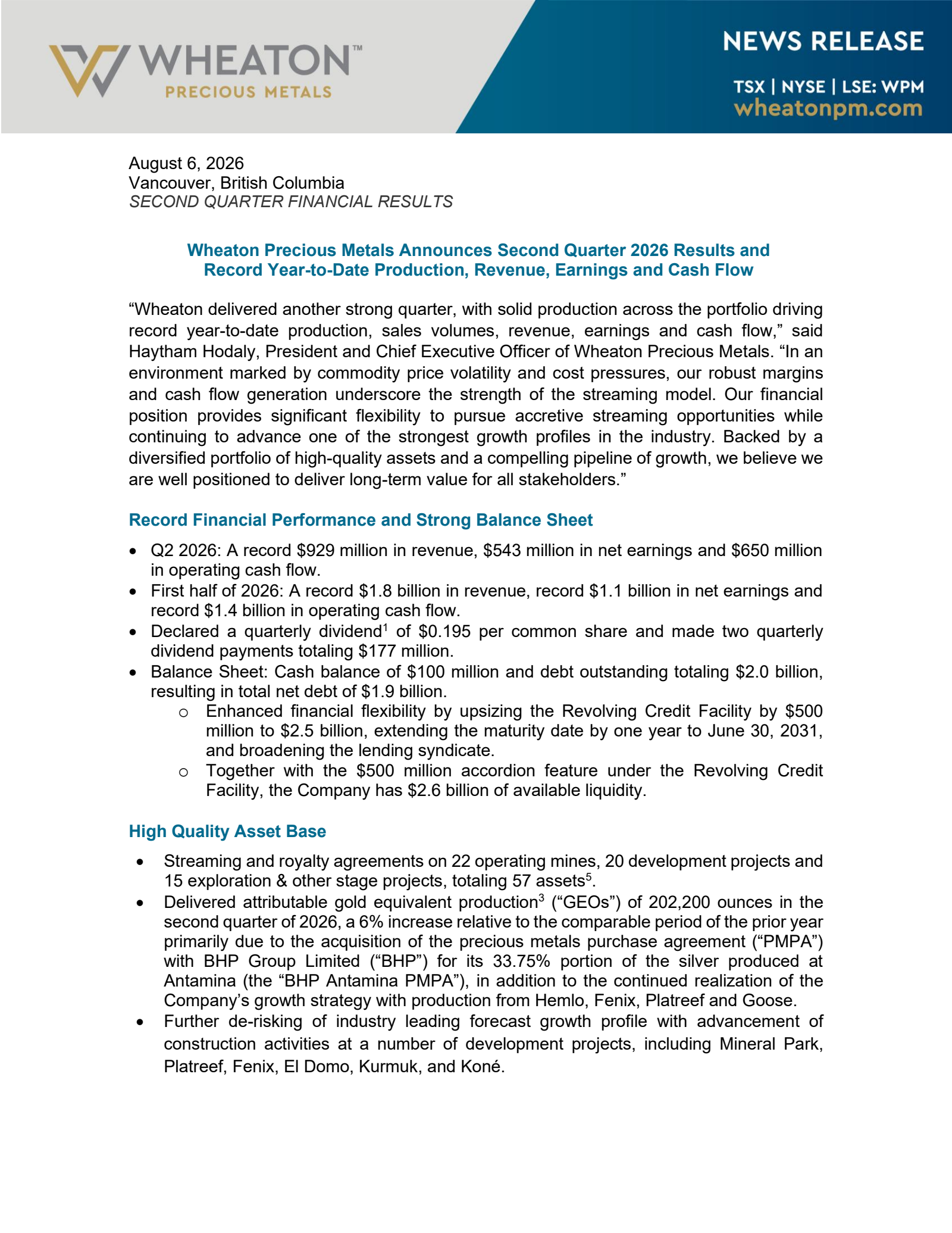 Wheaton Precious Metals' Q2 2026 Press Release