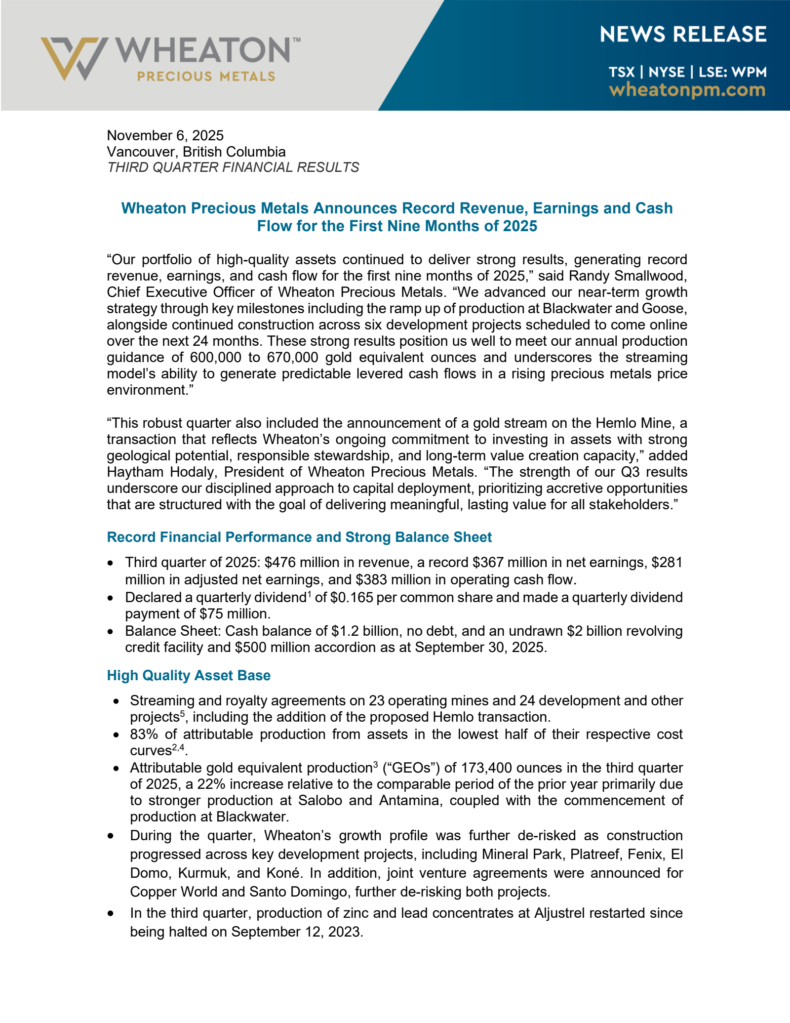 Wheaton Precious Metals' Q3 2025 Earnings Release