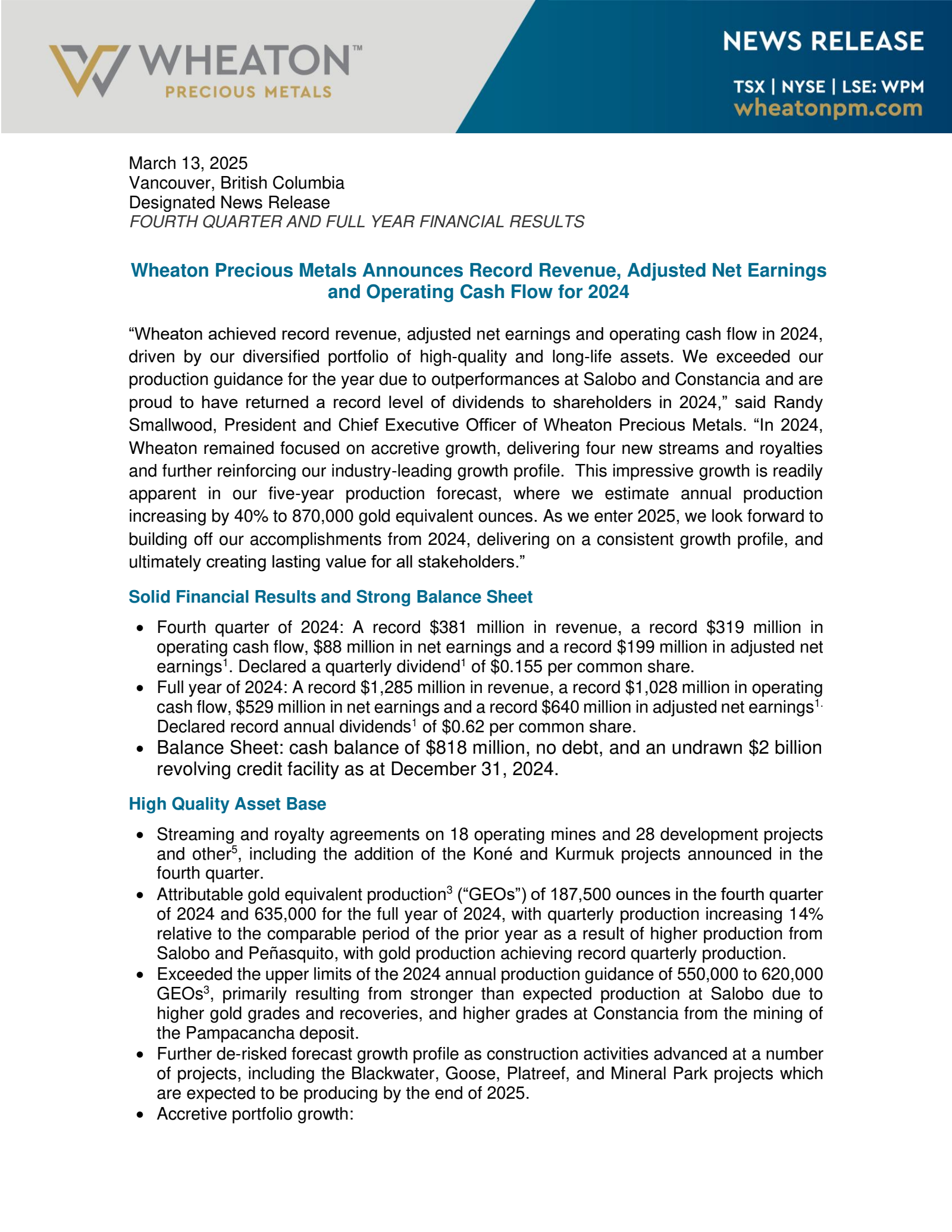 Wheaton Precious Metals' Q4 2024 Press Release