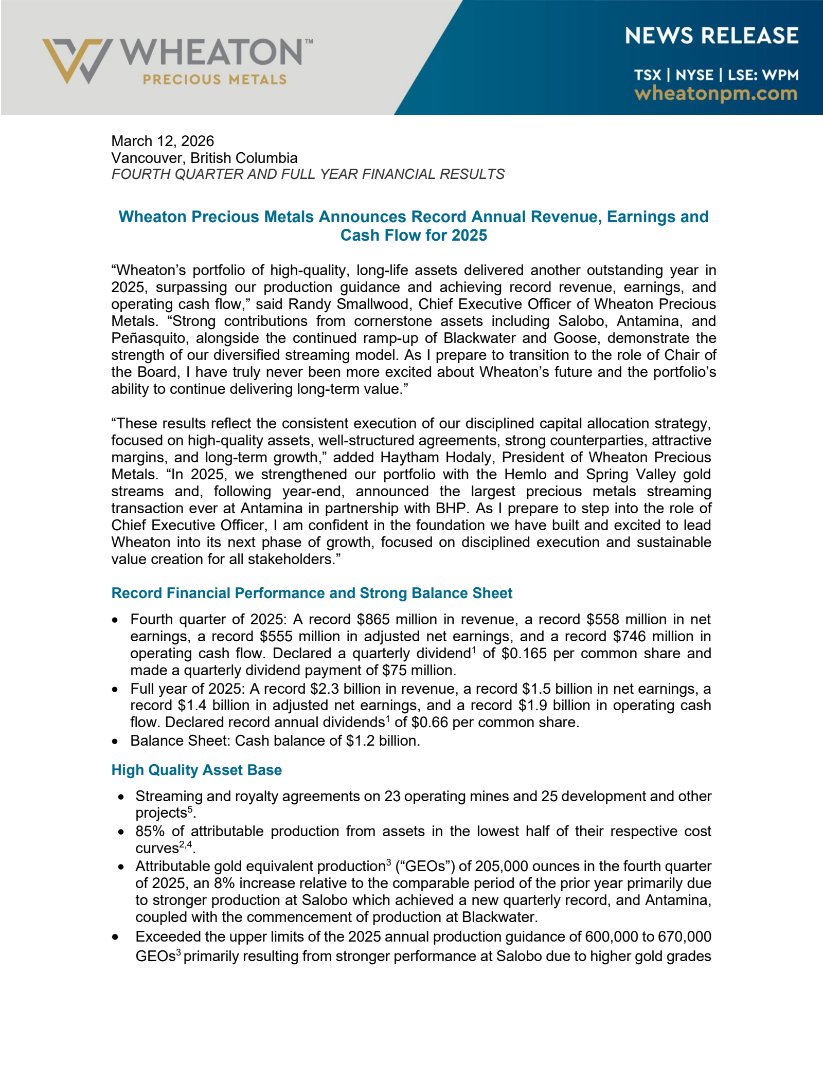 Wheaton Precious Metals' Q4 2025 Press Release