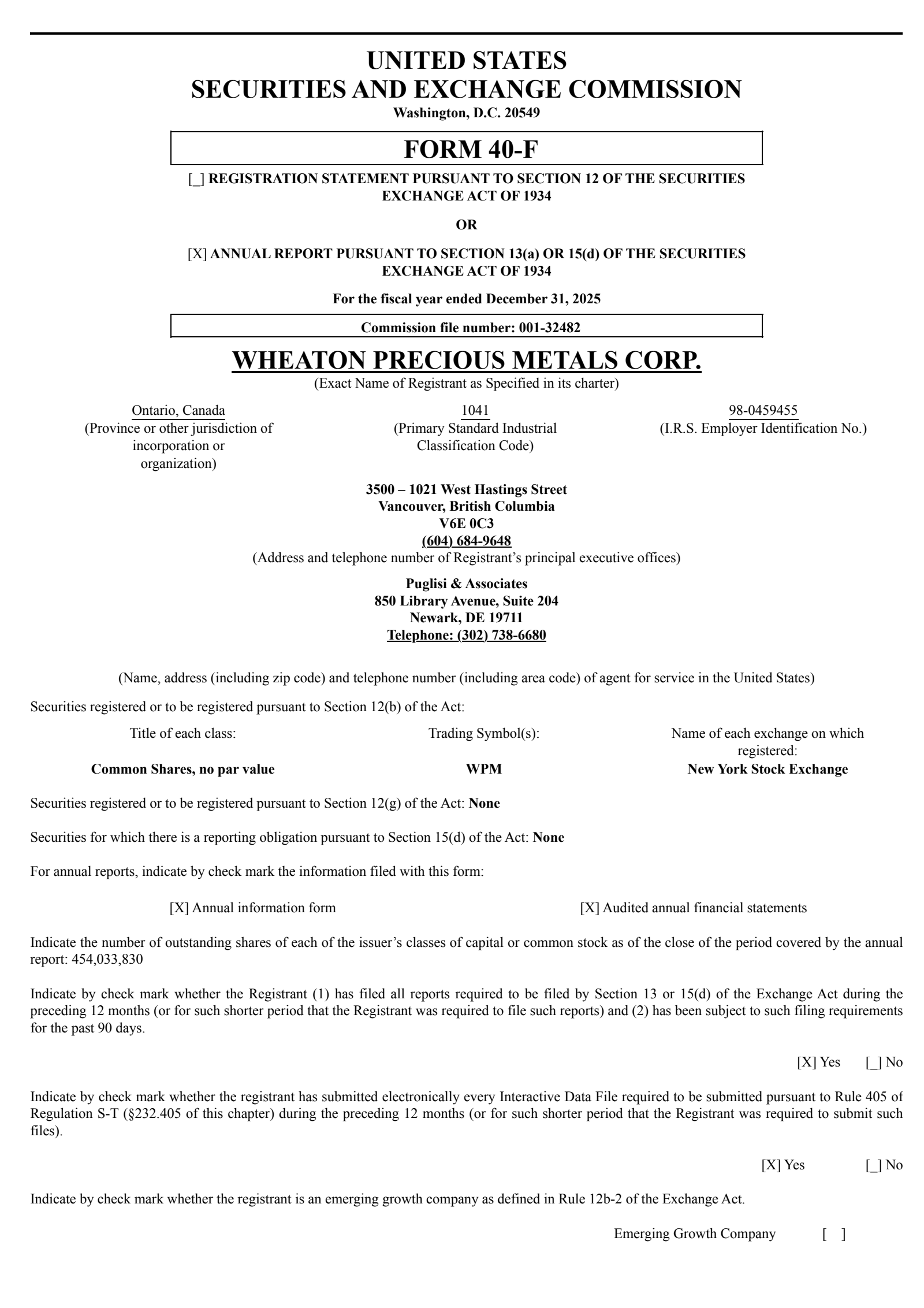 Wheaton Precious Metals' Q4 2025 Annual report