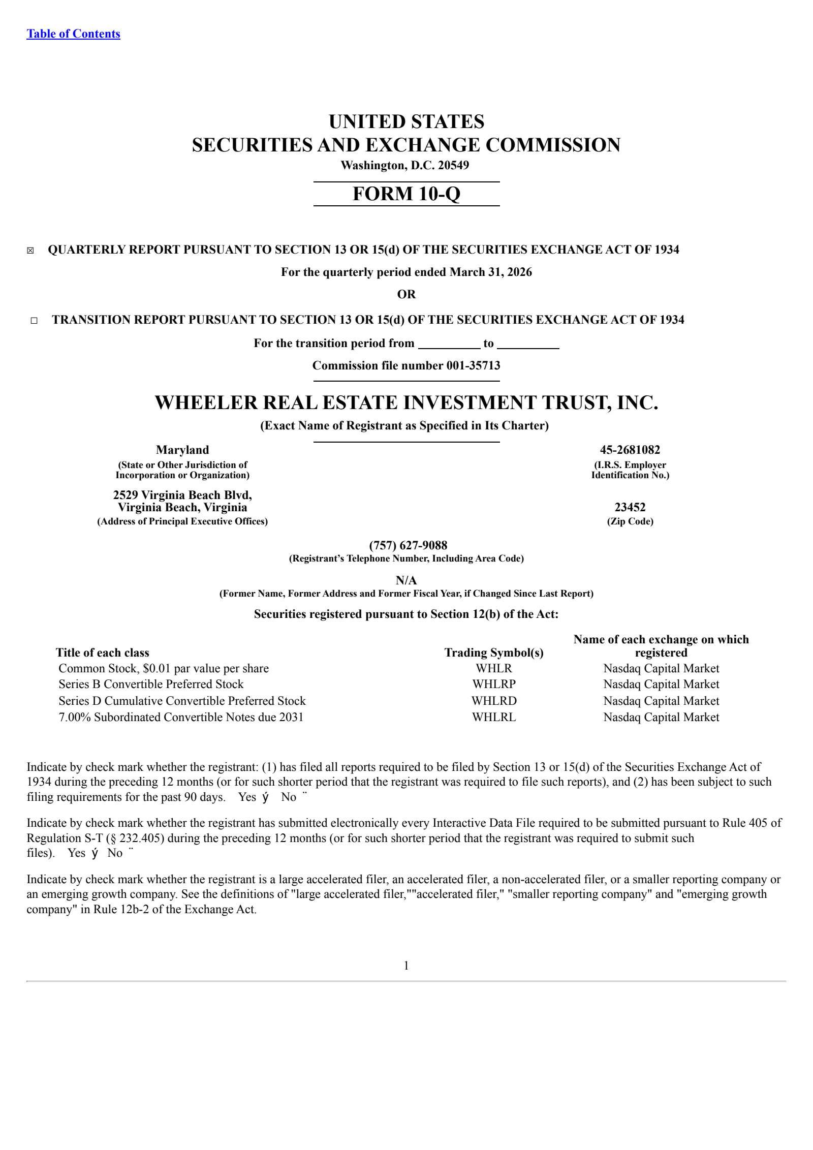 Wheeler Real Estate Investment Trust's Q1 2026 Quarterly report