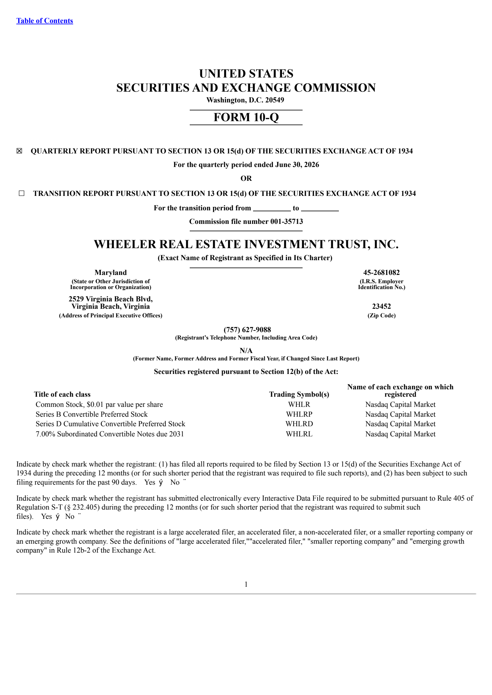 Wheeler Real Estate Investment Trust's Q2 2026 Quarterly report