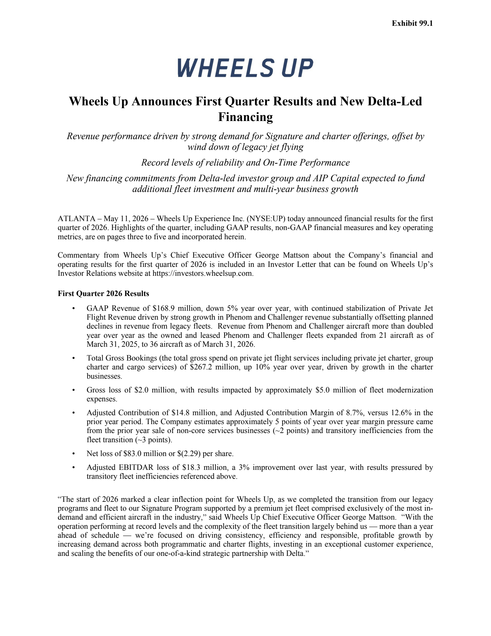 Wheels Up Experience's Q1 2026 Press Release
