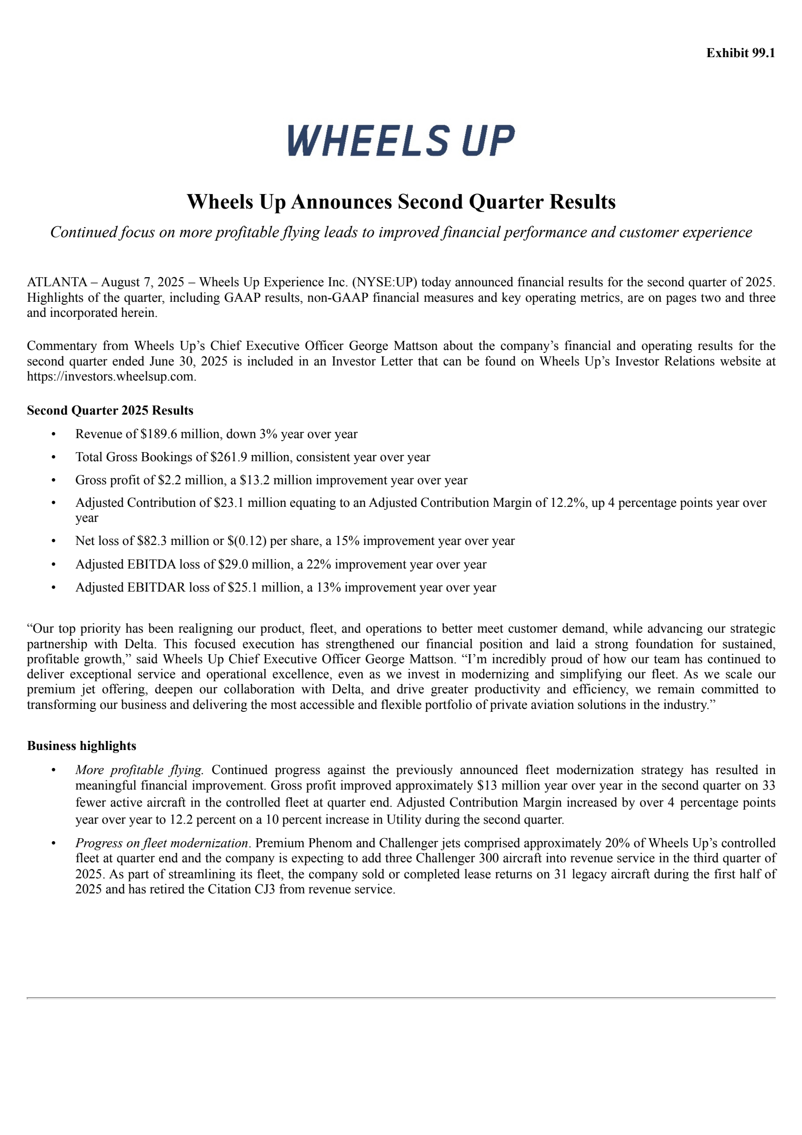 Wheels Up Experience's Q2 2025 Press Release