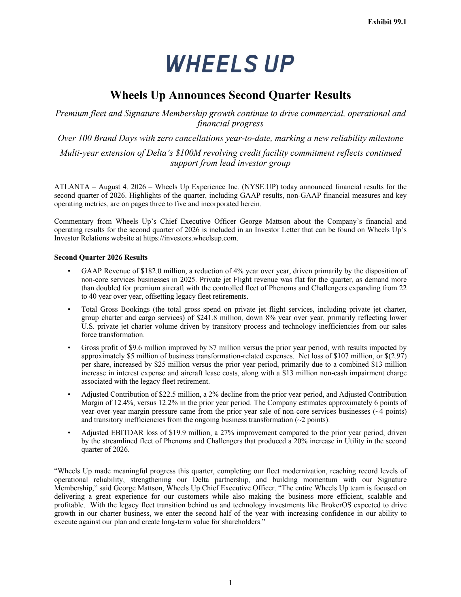 Wheels Up Experience's Q2 2026 Press Release