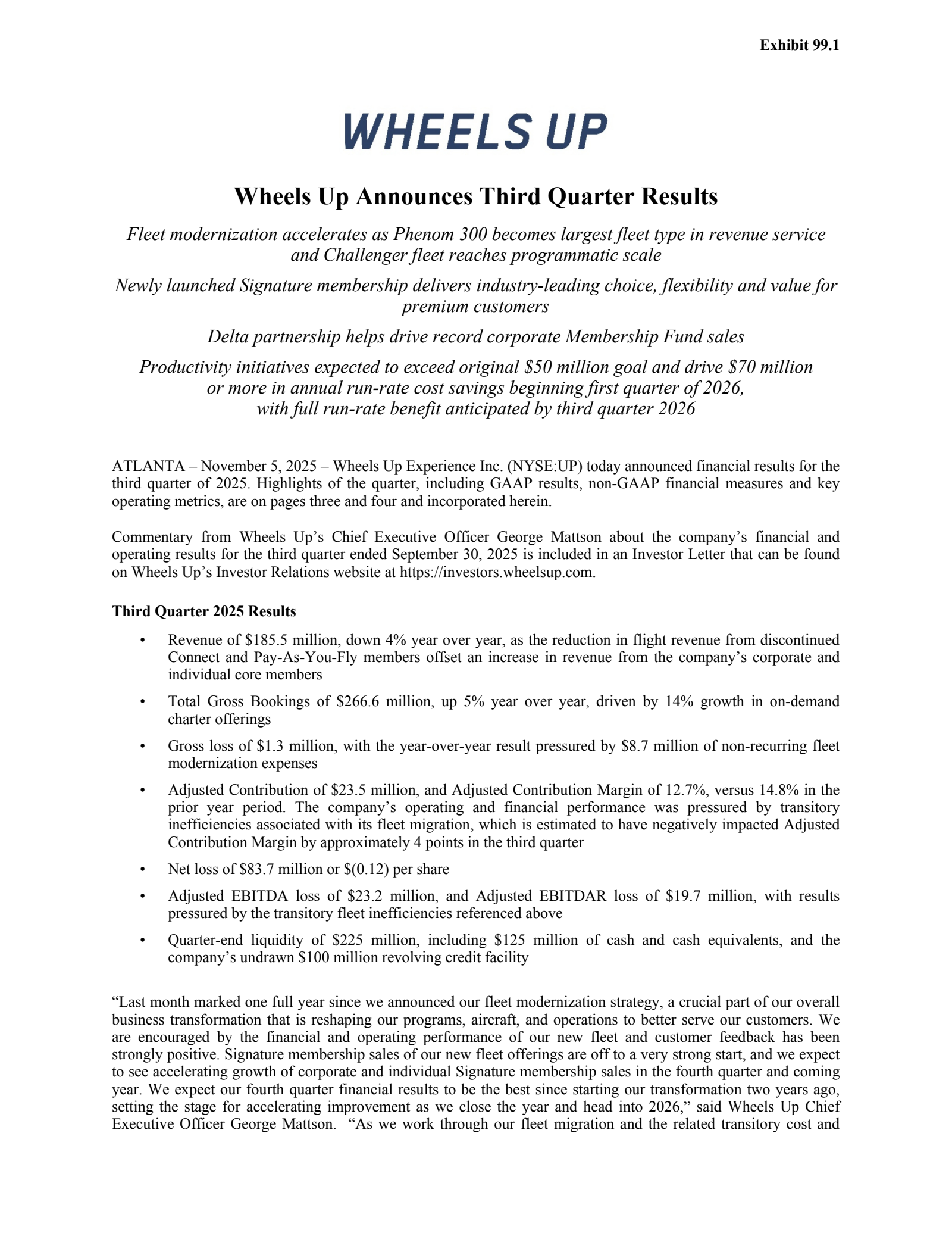 Wheels Up Experience's Q3 2025 Earnings Release