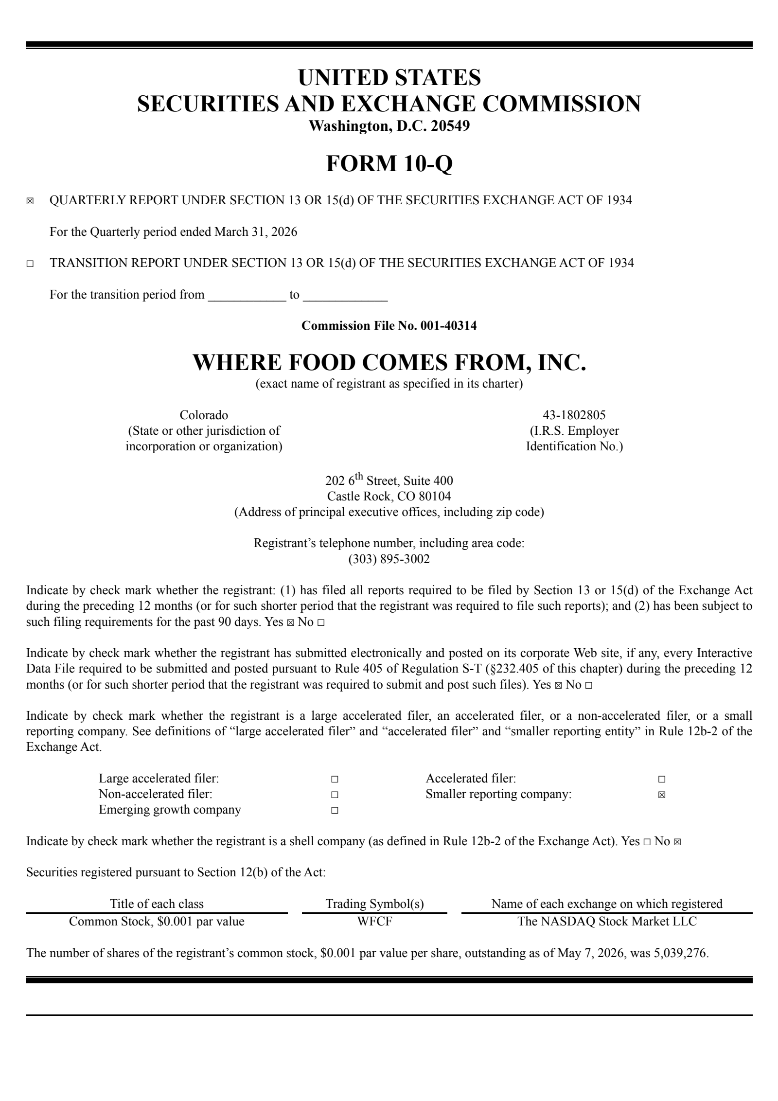 Where Food Comes From's Q1 2026 Quarterly report