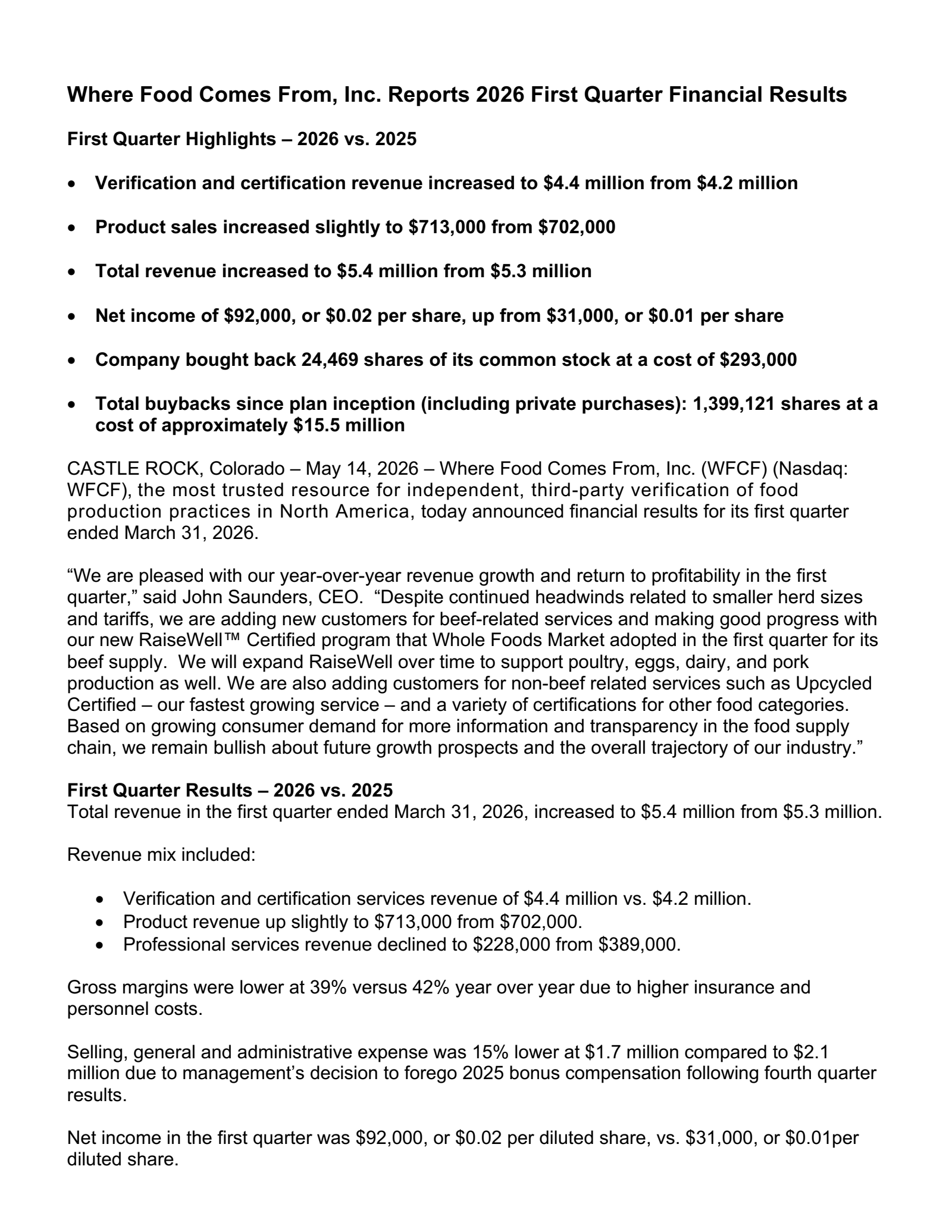 Where Food Comes From's Q1 2026 Press Release