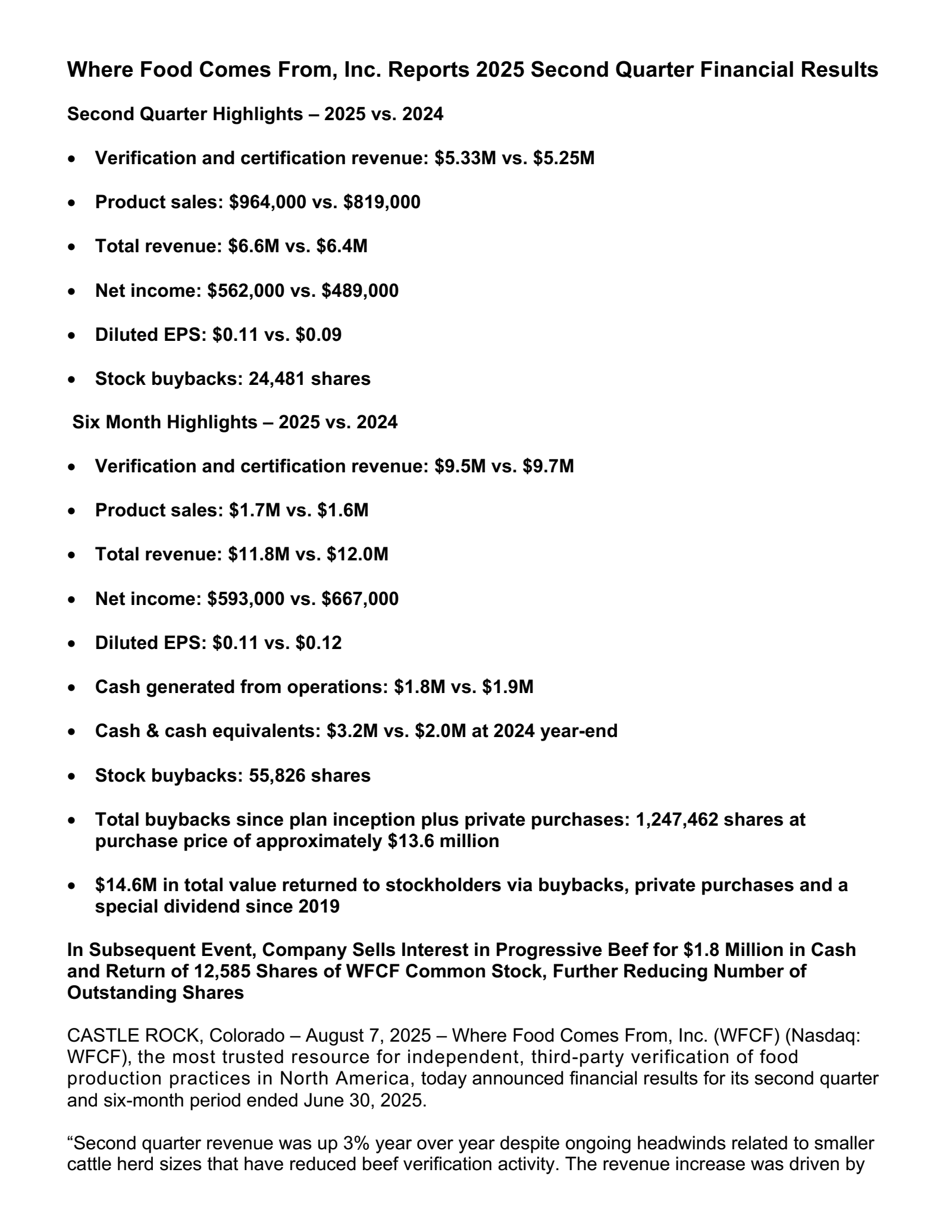 Where Food Comes From's Q2 2025 Press Release