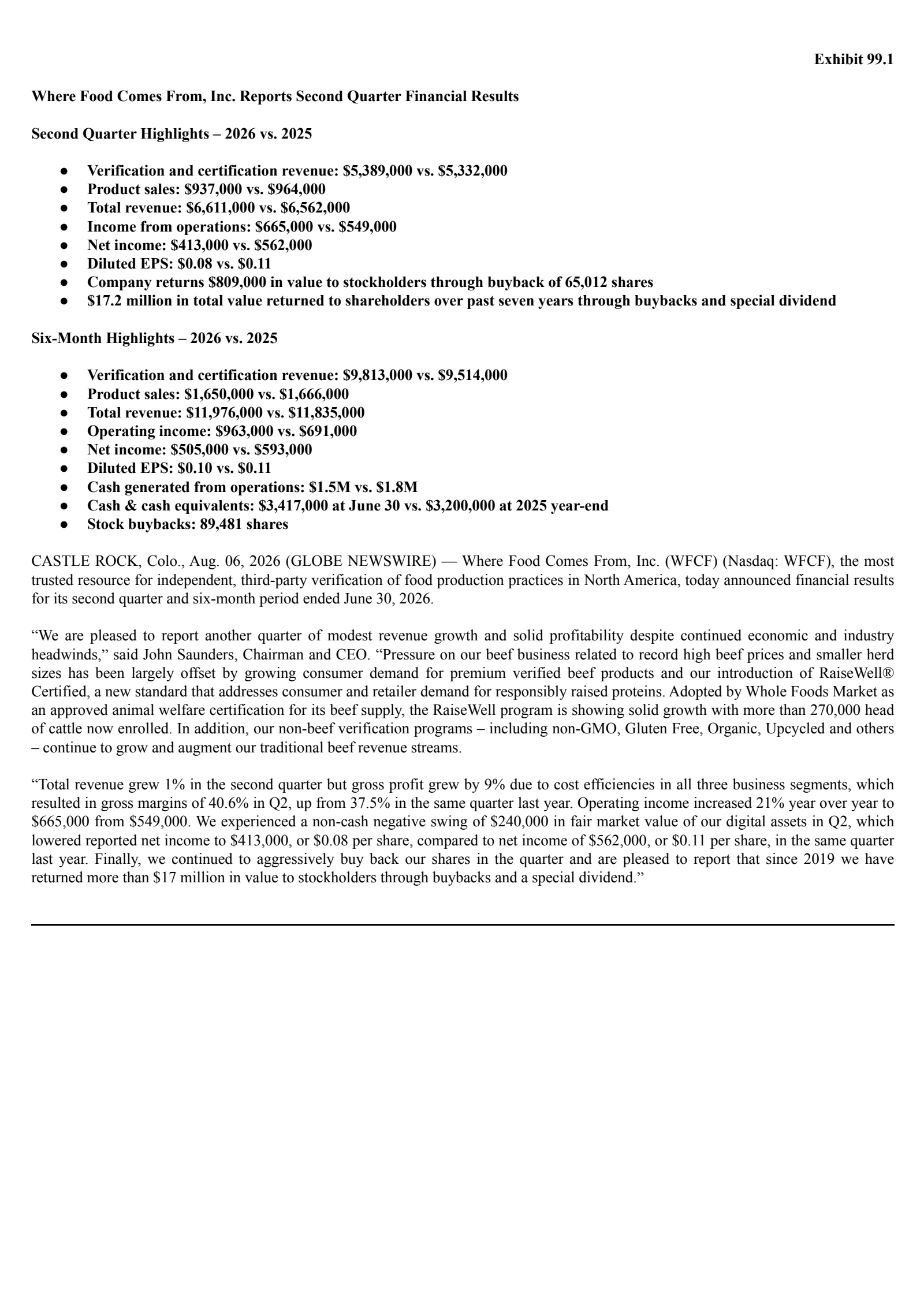 Where Food Comes From's Q2 2026 Press Release