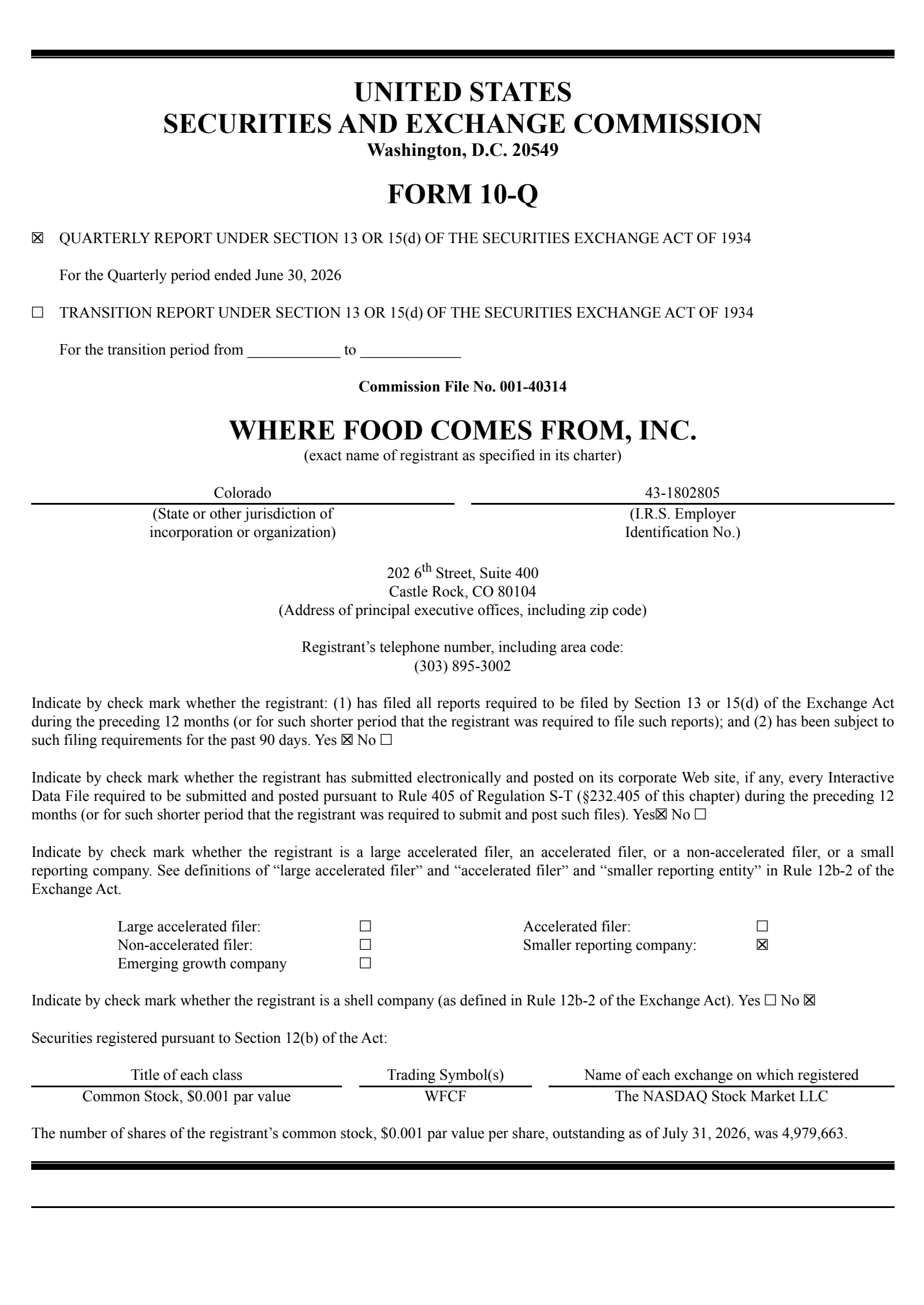 Where Food Comes From's Q2 2026 Quarterly report