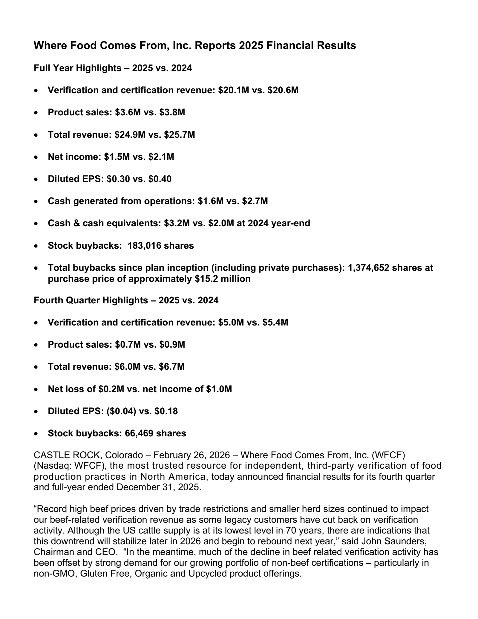 Where Food Comes From's Q4 2025 Press Release