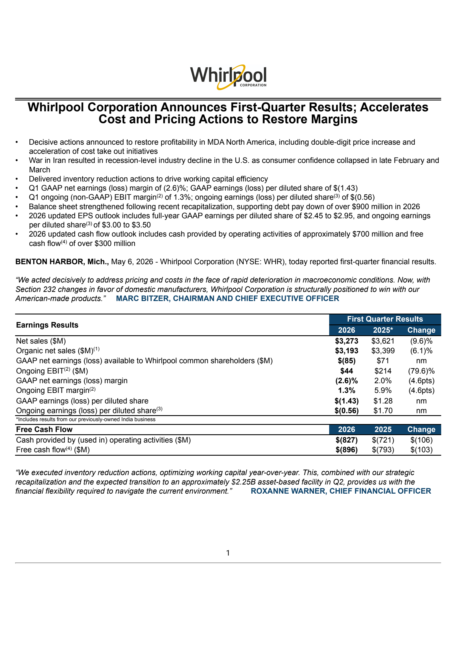 Whirlpool's Q1 2026 Press Release