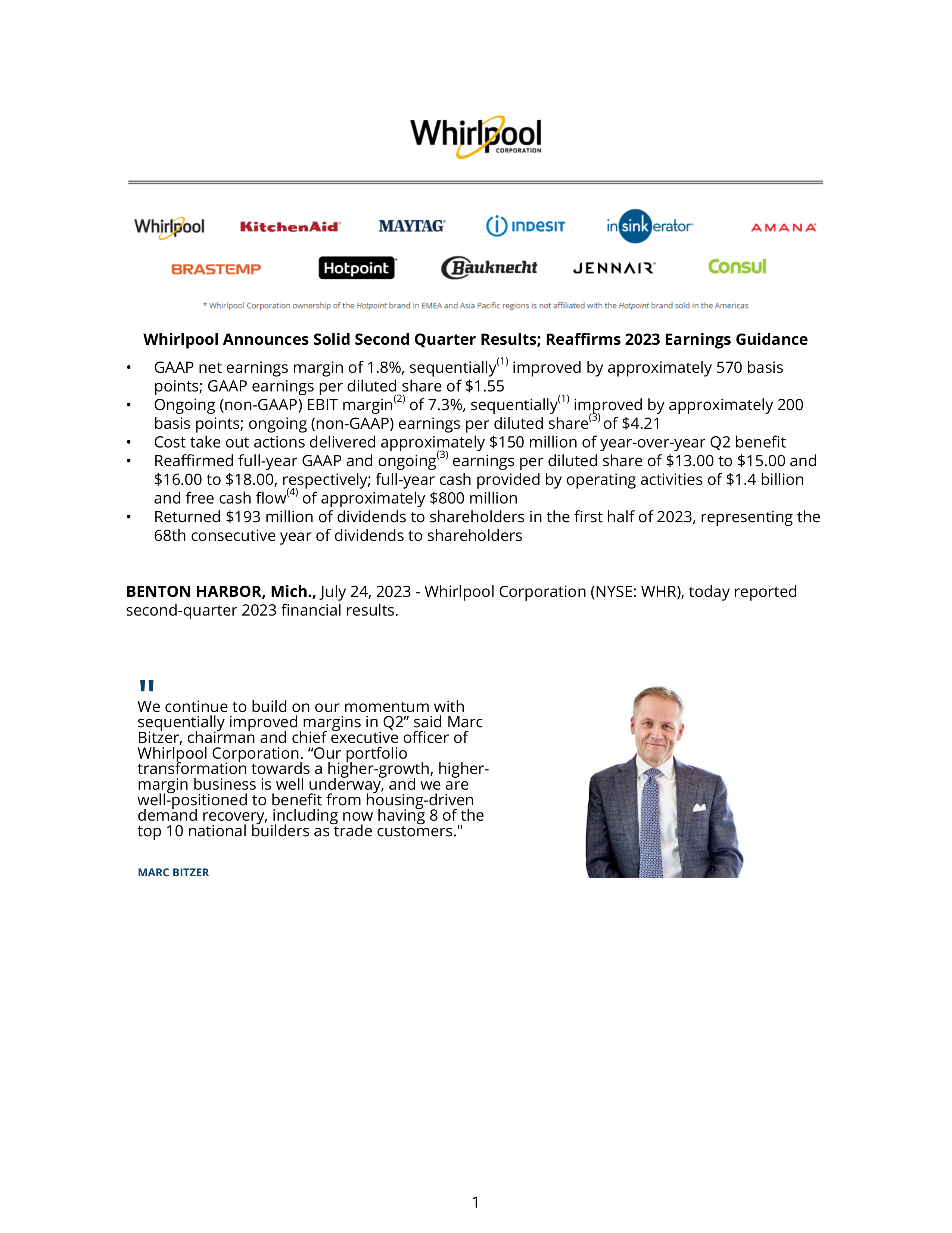Whirlpool's Q2 2023 Press Release