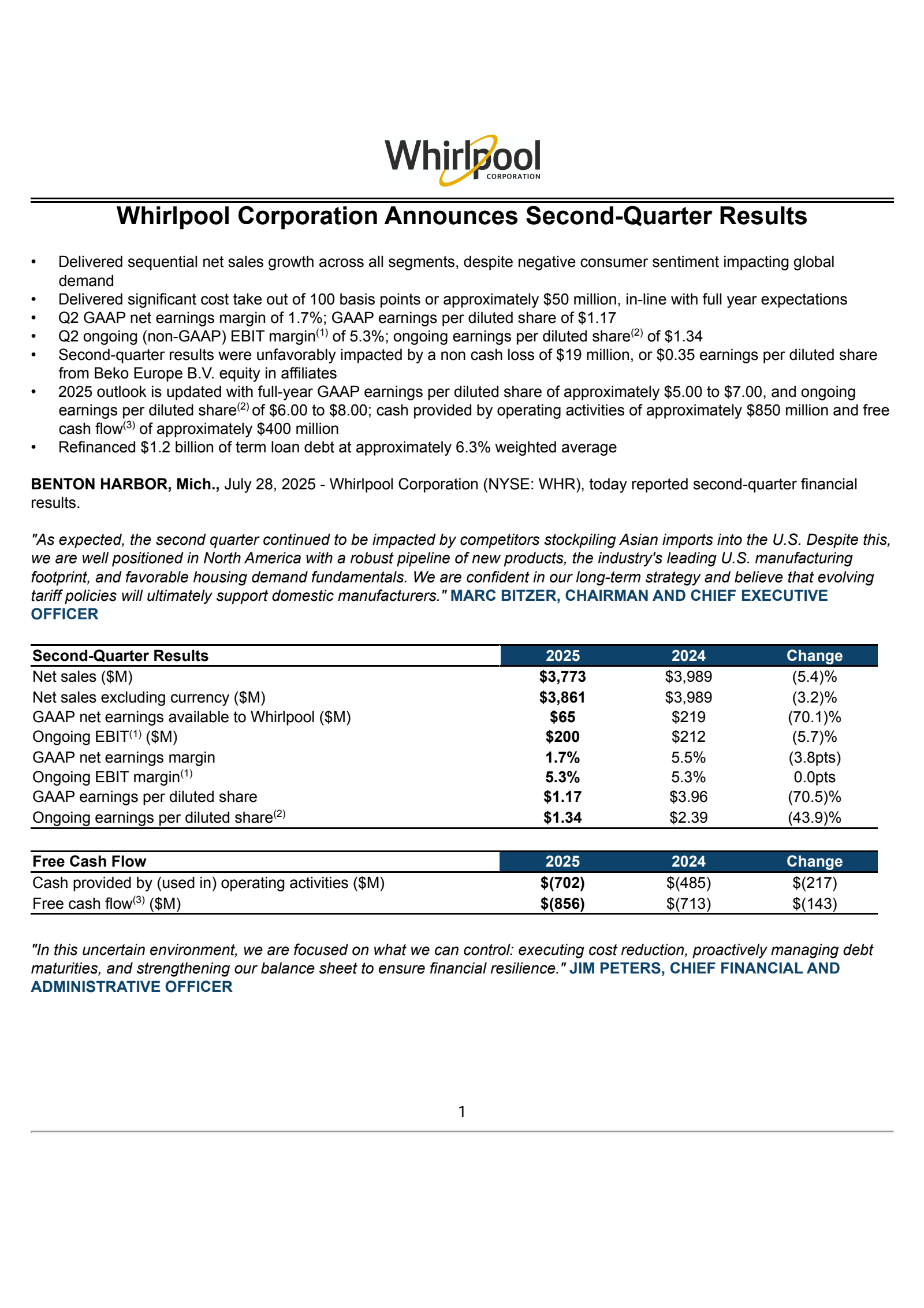 Whirlpool's Q2 2025 Press Release