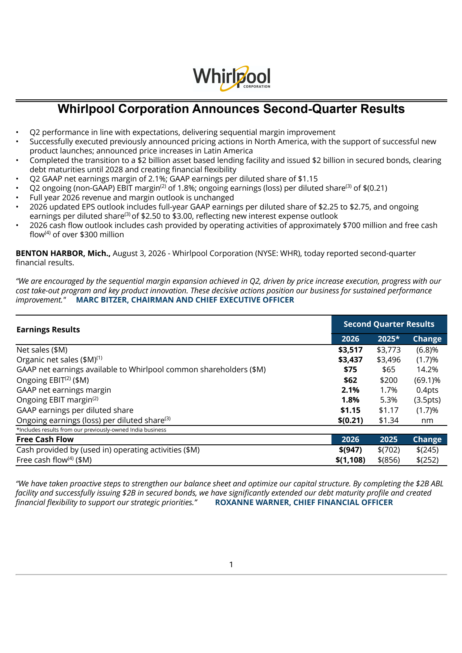 Whirlpool's Q2 2026 Press Release
