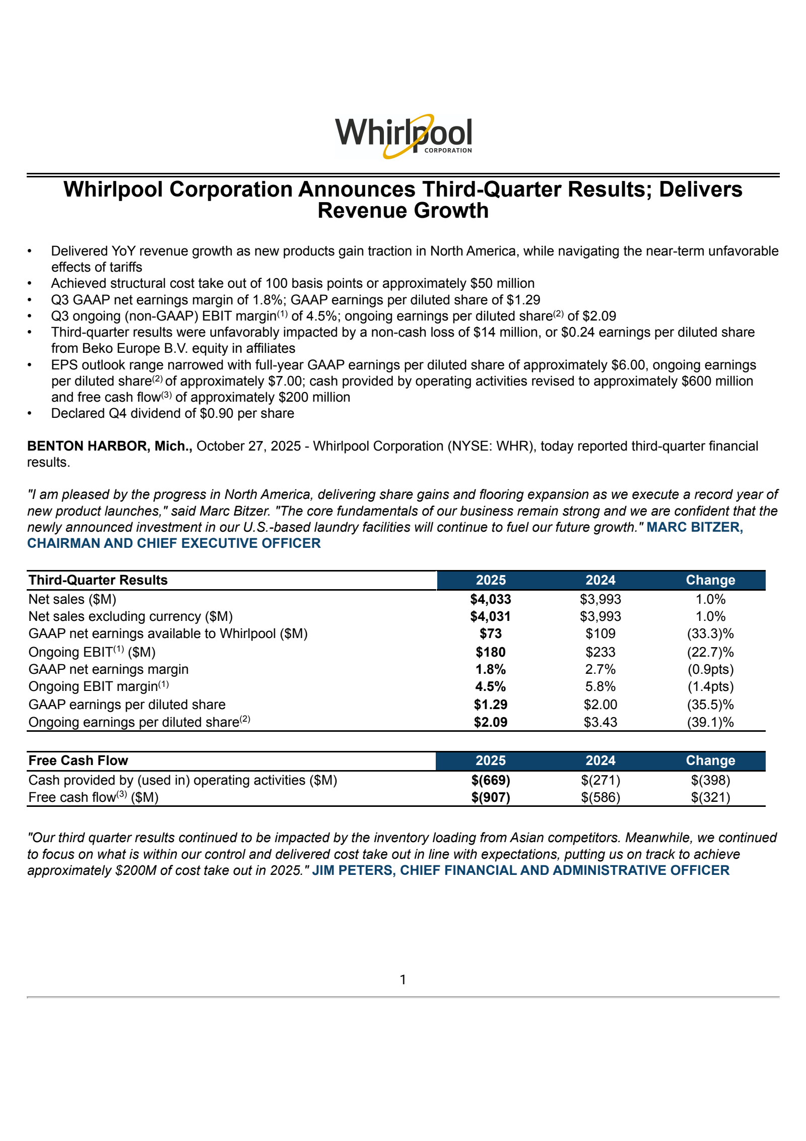 Whirlpool's Q3 2025 Earnings Release