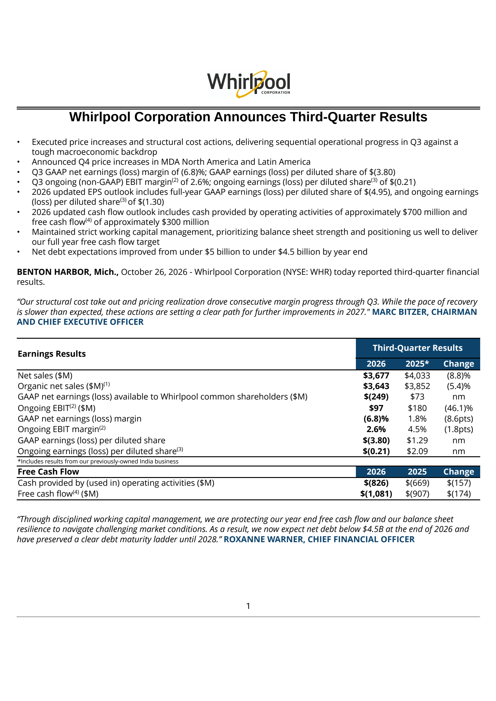 Whirlpool's Q3 2026 Press Release