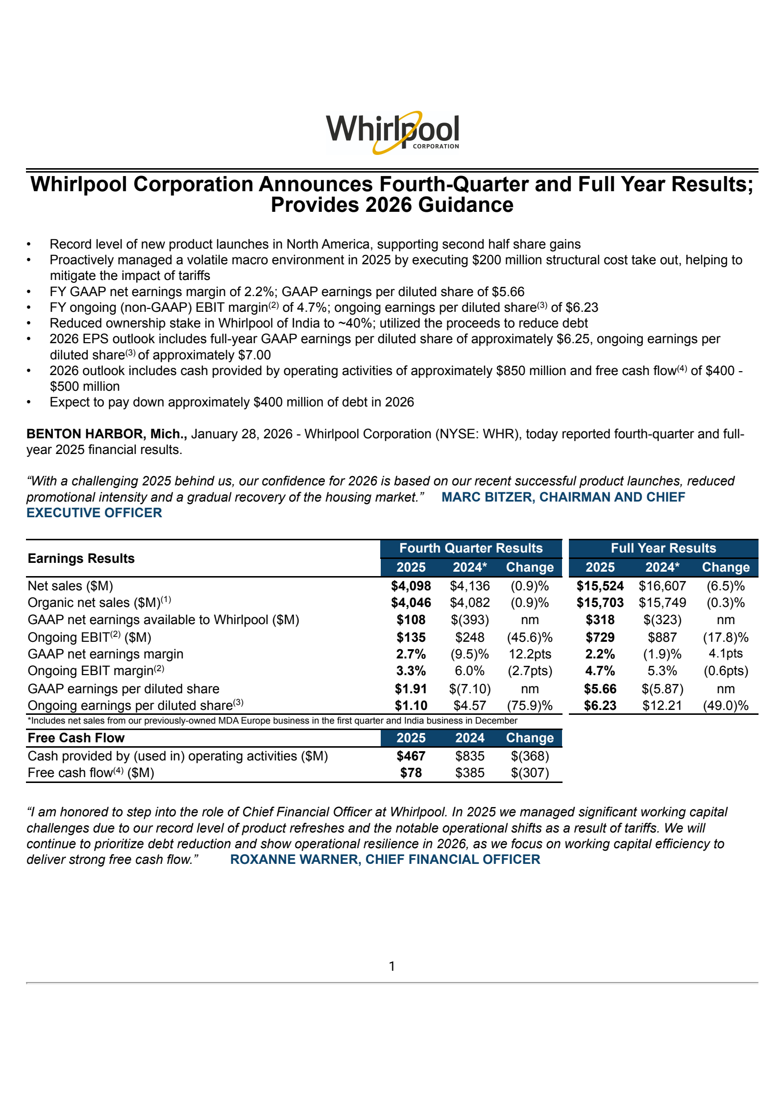 Whirlpool's Q4 2025 Press Release