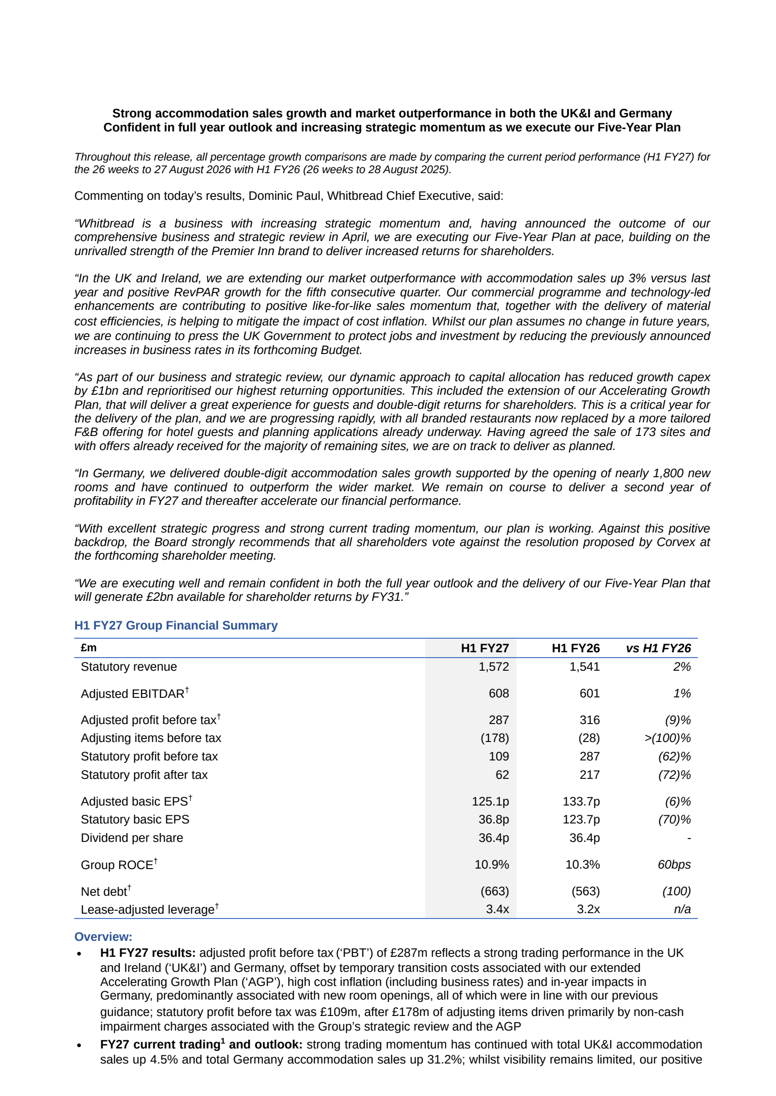 Whitbread's H1 2027 Interim report
