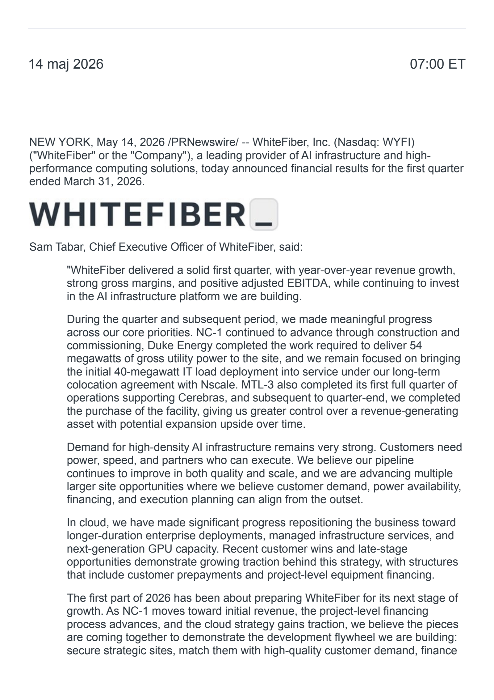 WhiteFiber's Q1 2026 Press Release