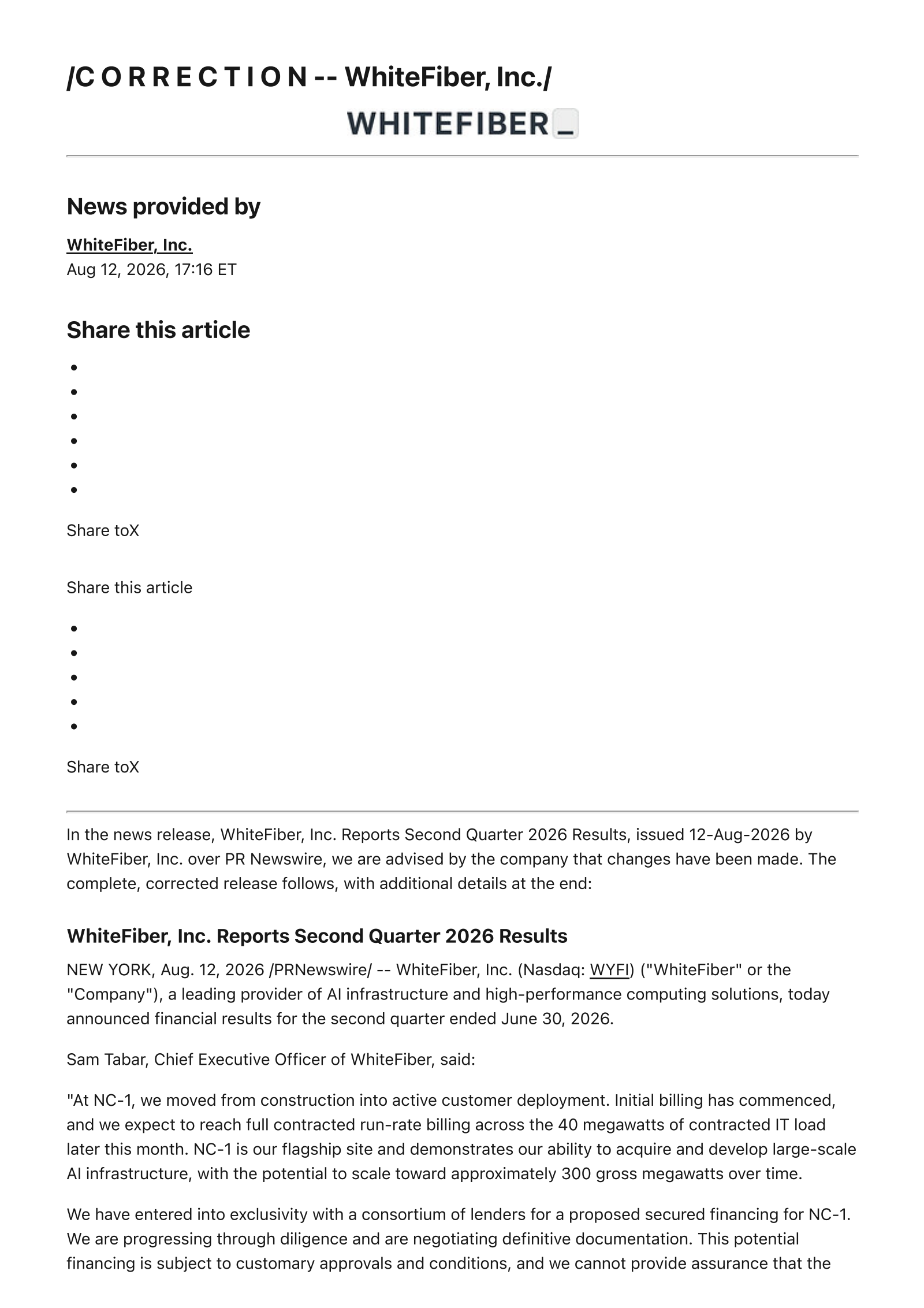 WhiteFiber's Q2 2026 Press Release