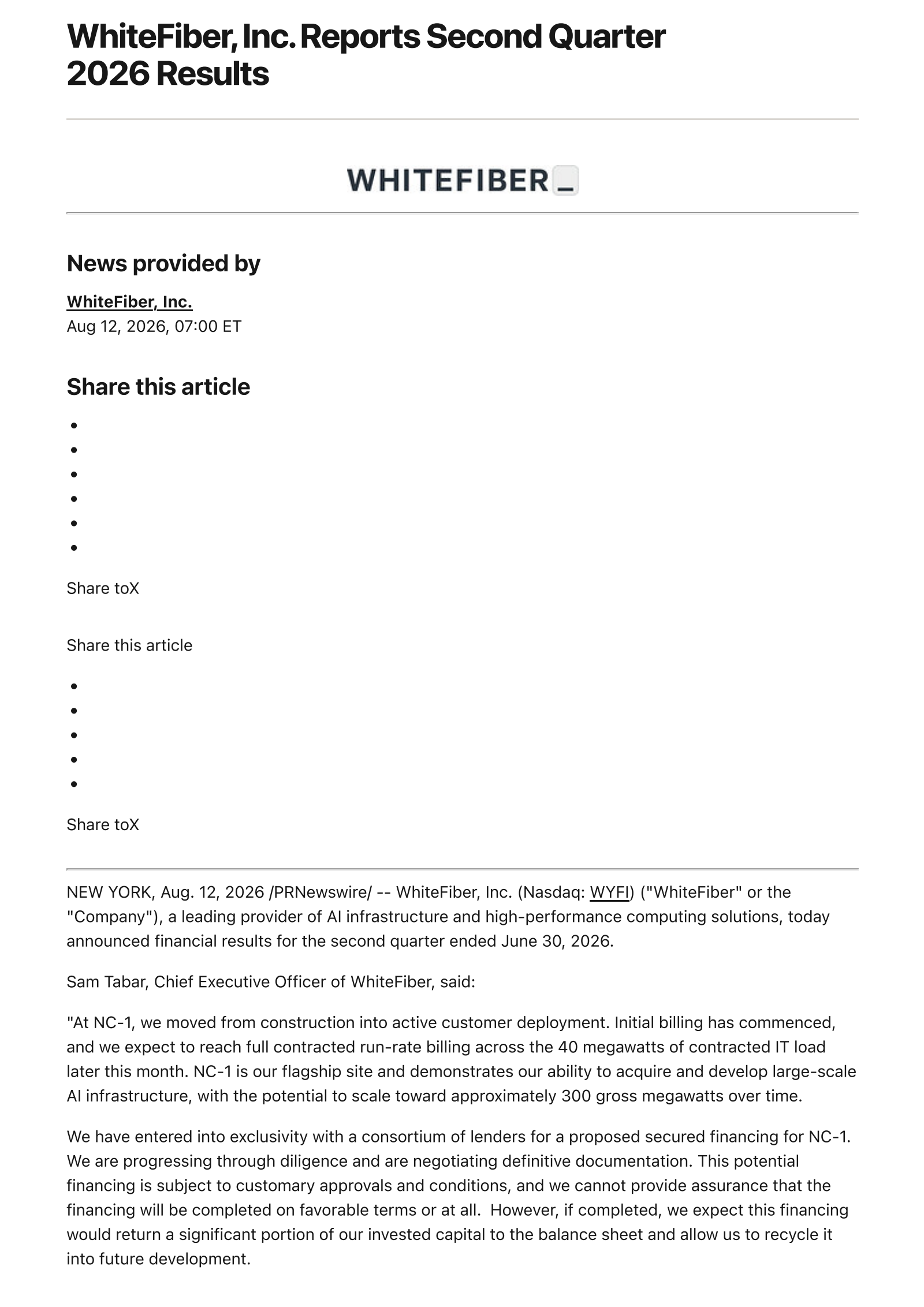WhiteFiber's Q2 2026 Press Release
