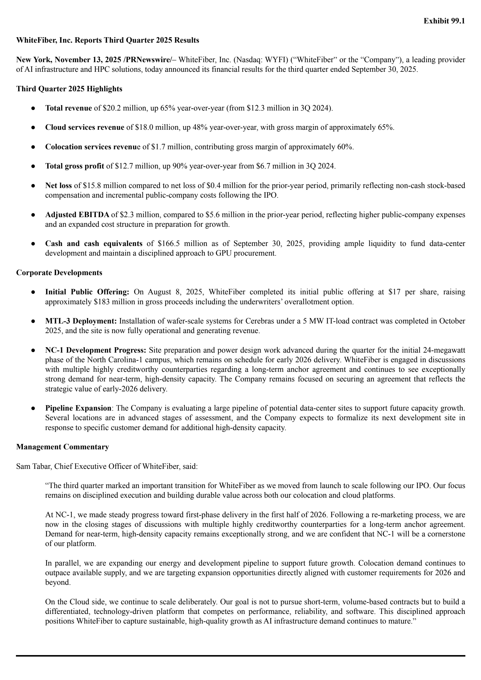 WhiteFiber's Q3 2025 Earnings Release