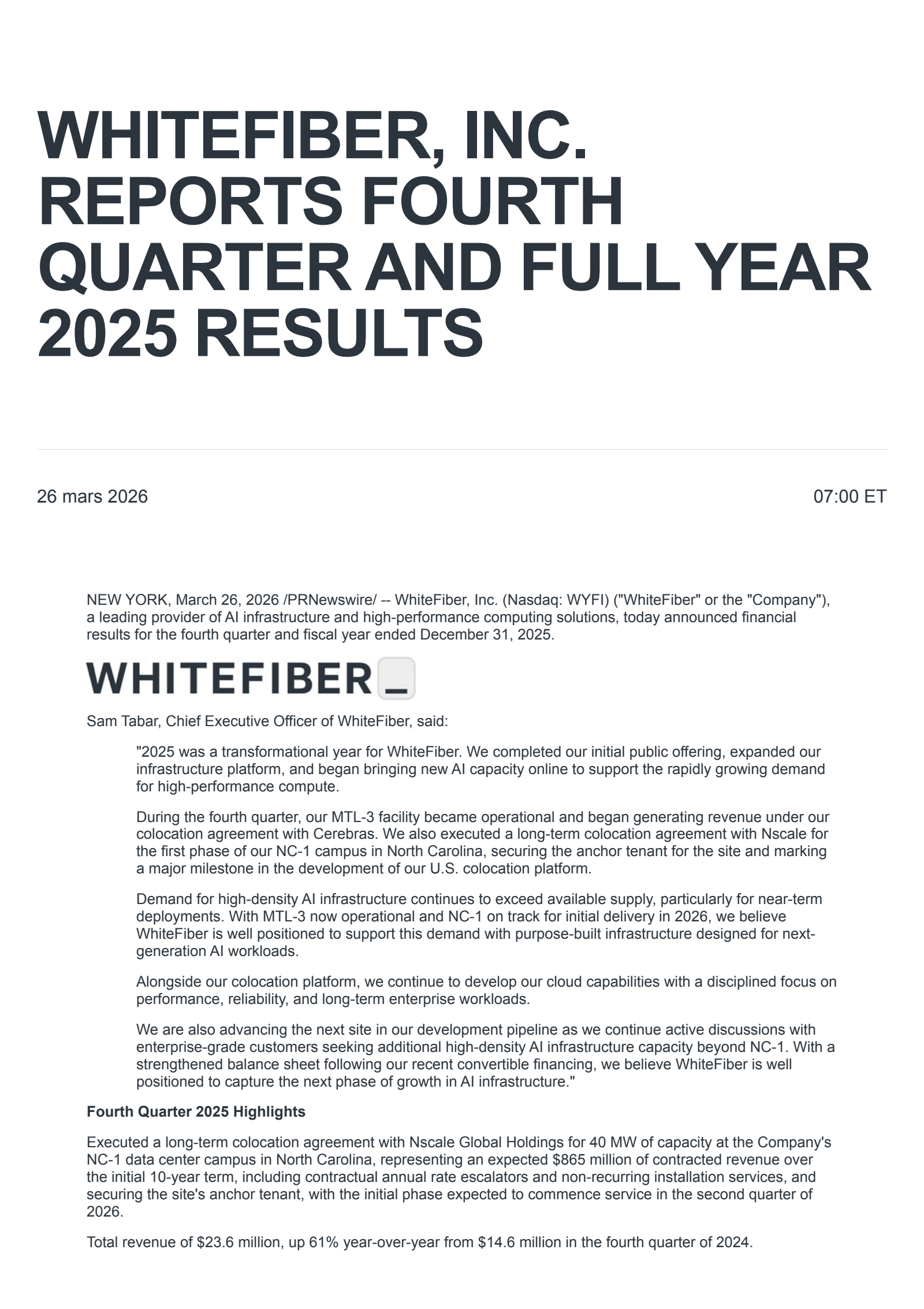 WhiteFiber's Q4 2025 Press Release