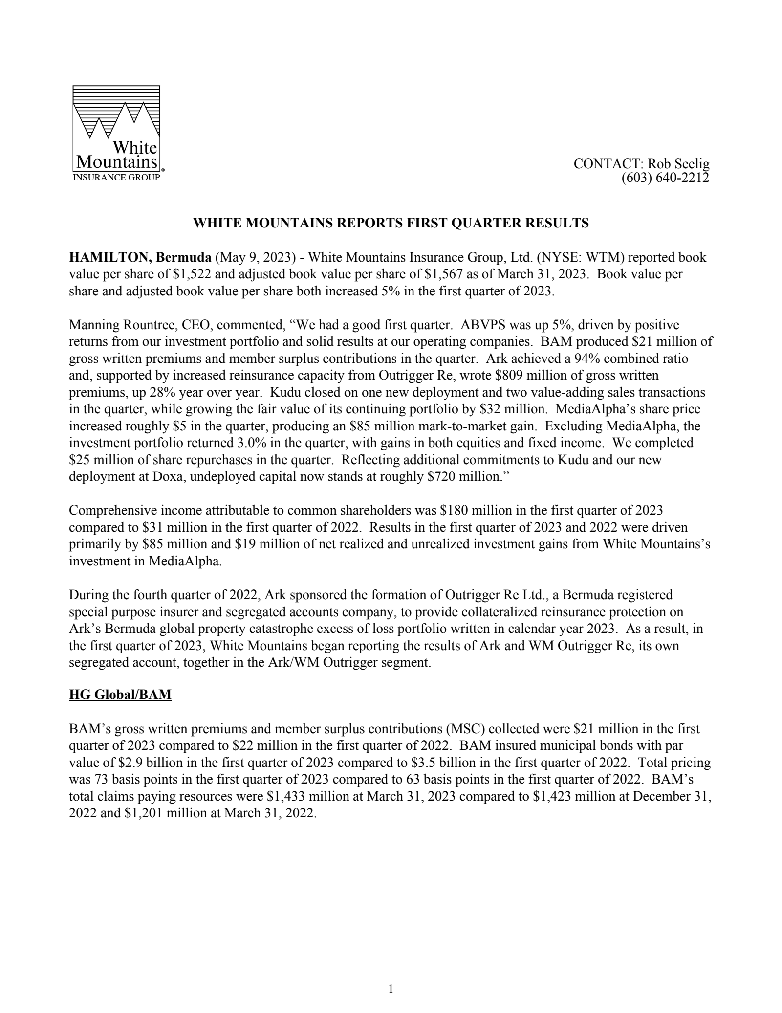White Mountains Insurance Group's Q1 2023 Press Release