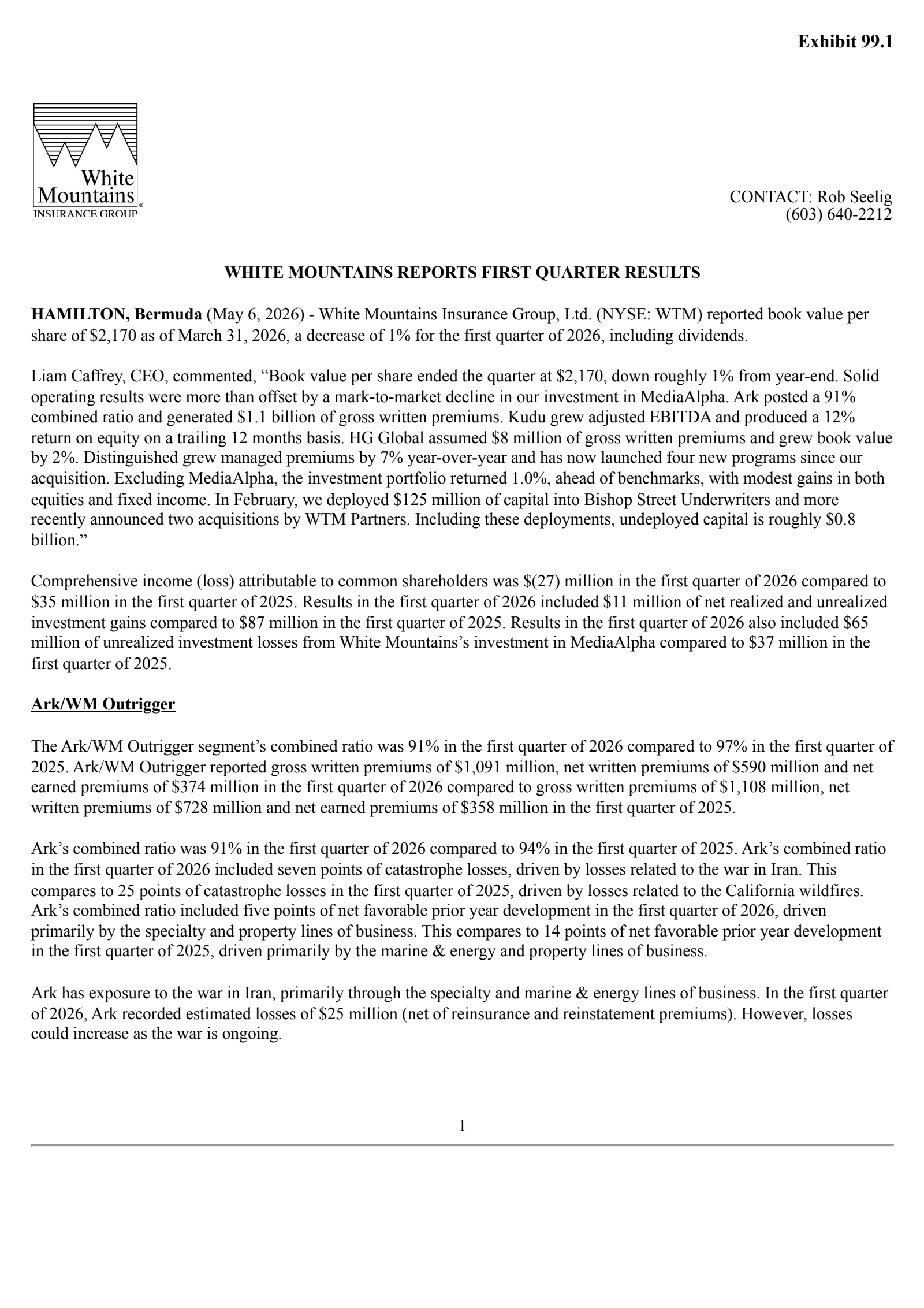 White Mountains Insurance Group's Q1 2026 Press Release