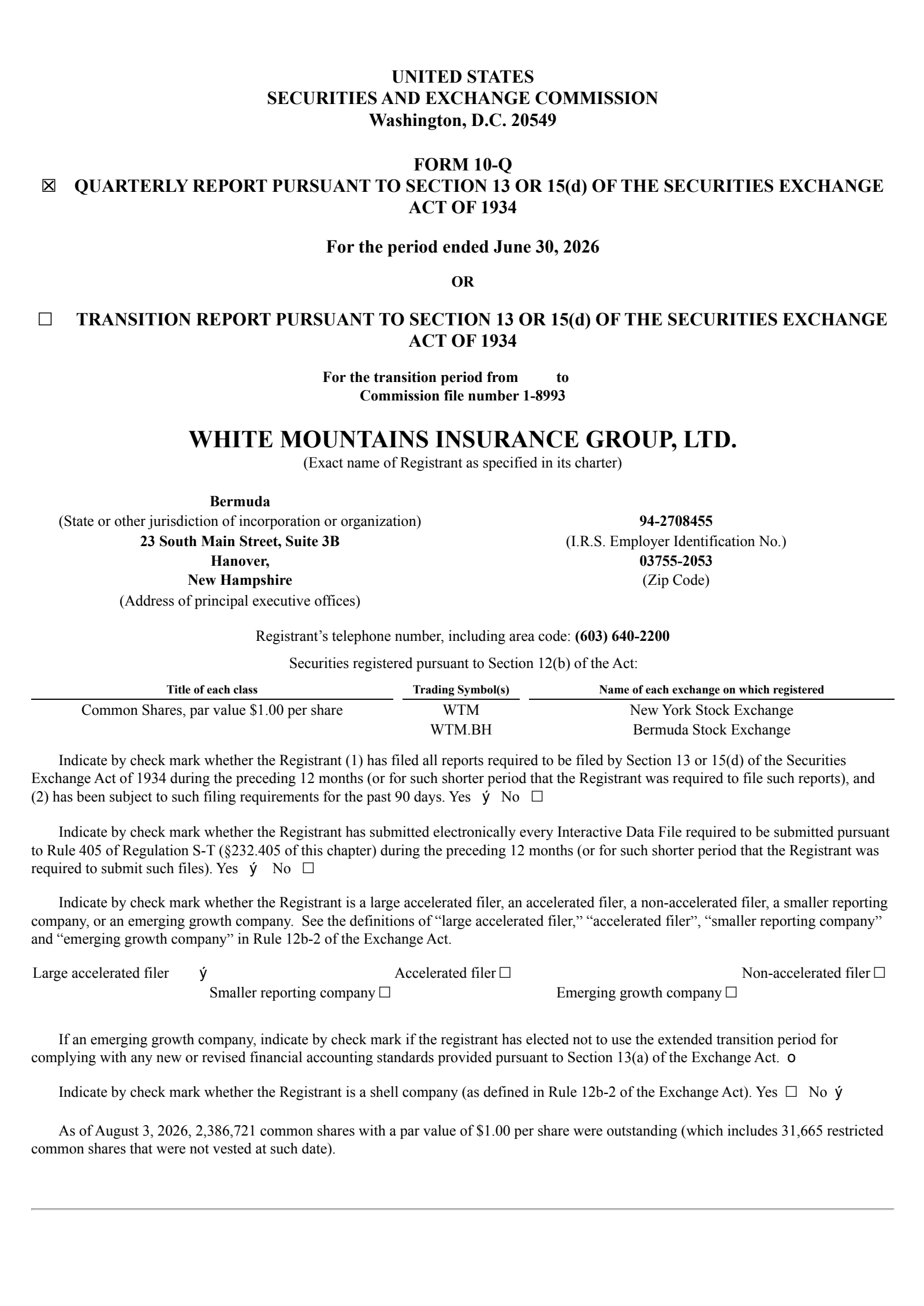 White Mountains Insurance Group's Q2 2026 Quarterly report