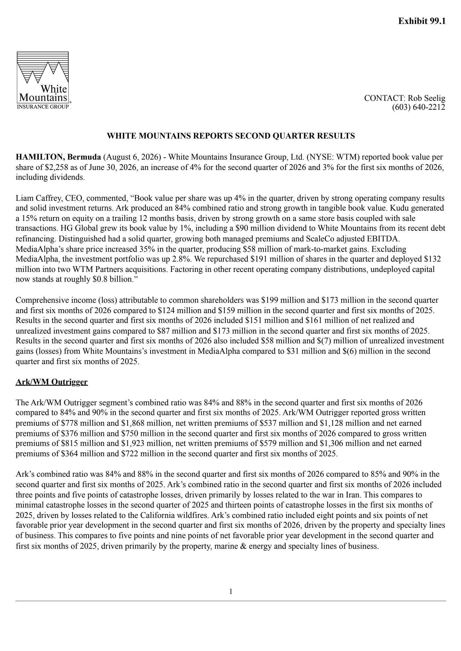 White Mountains Insurance Group's Q2 2026 Press Release