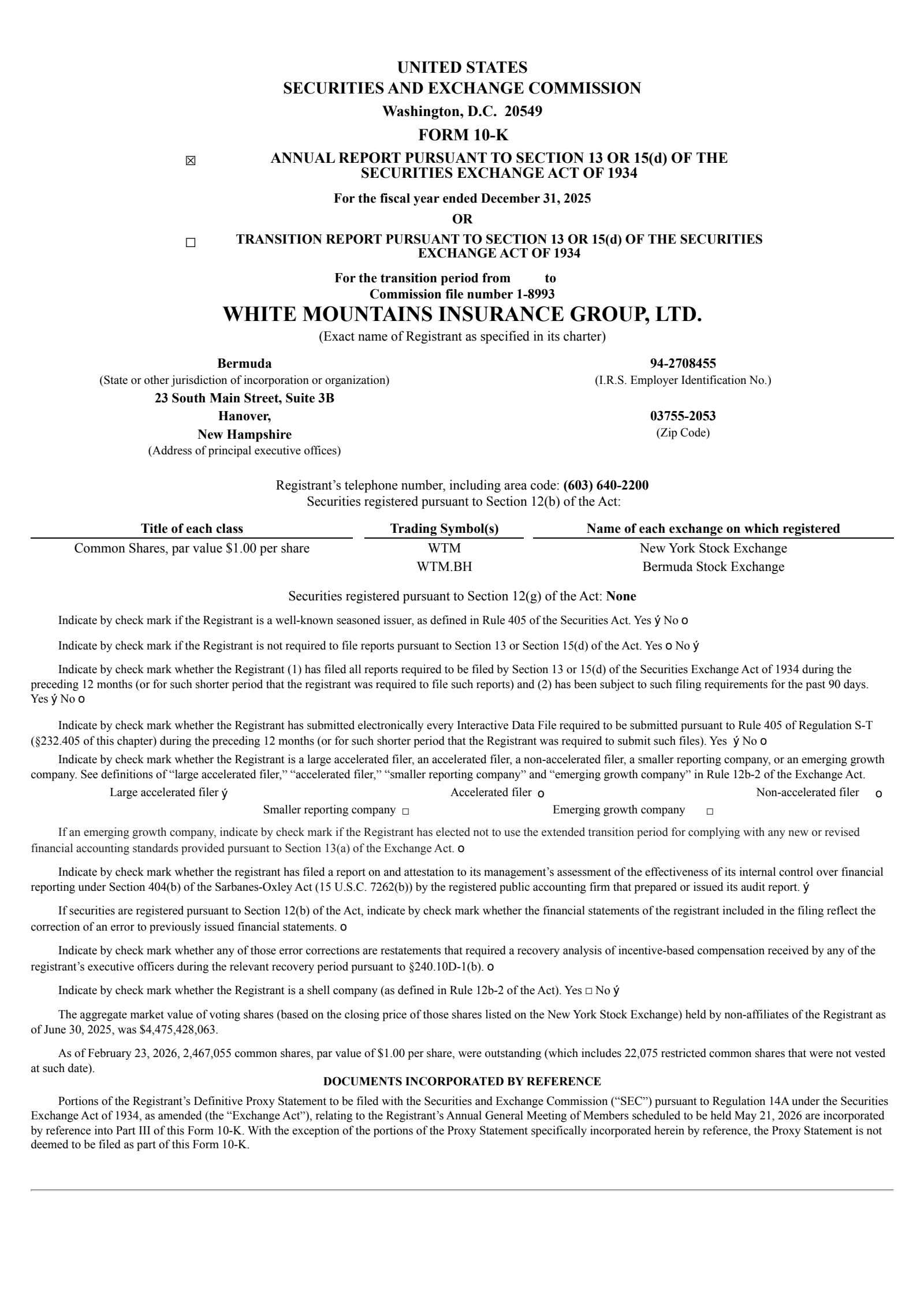 White Mountains Insurance Group's Q4 2025 Annual report