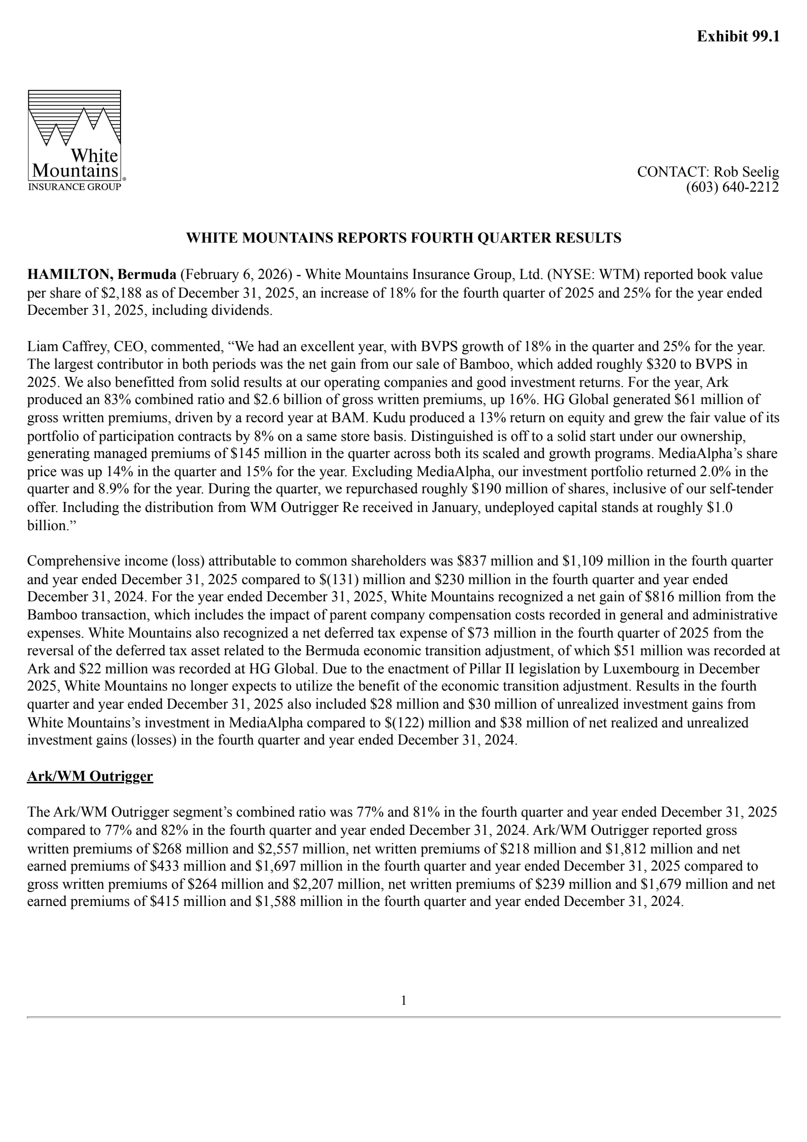 White Mountains Insurance Group's Q4 2025 Press Release