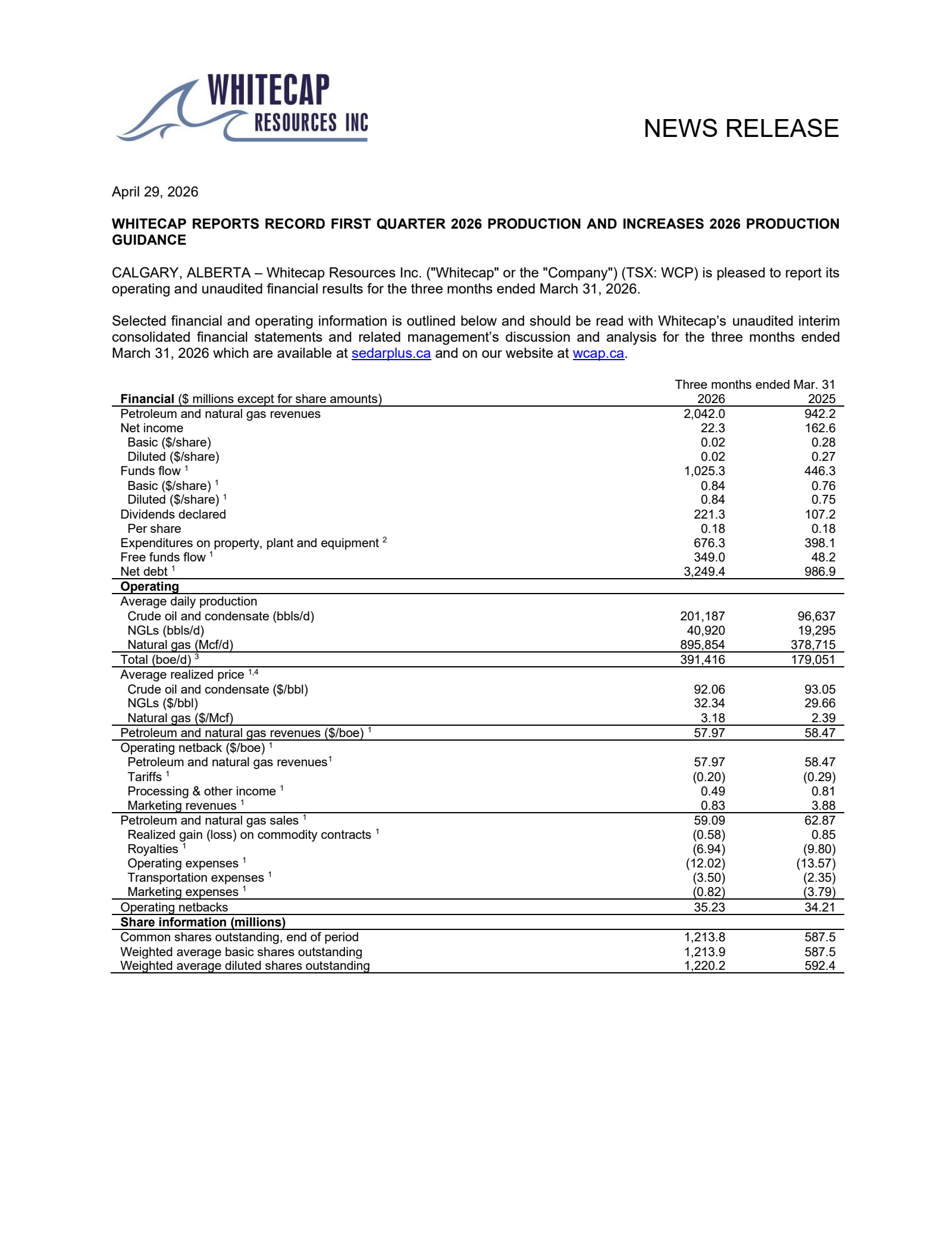 Whitecap Resources' Q1 2026 Press Release